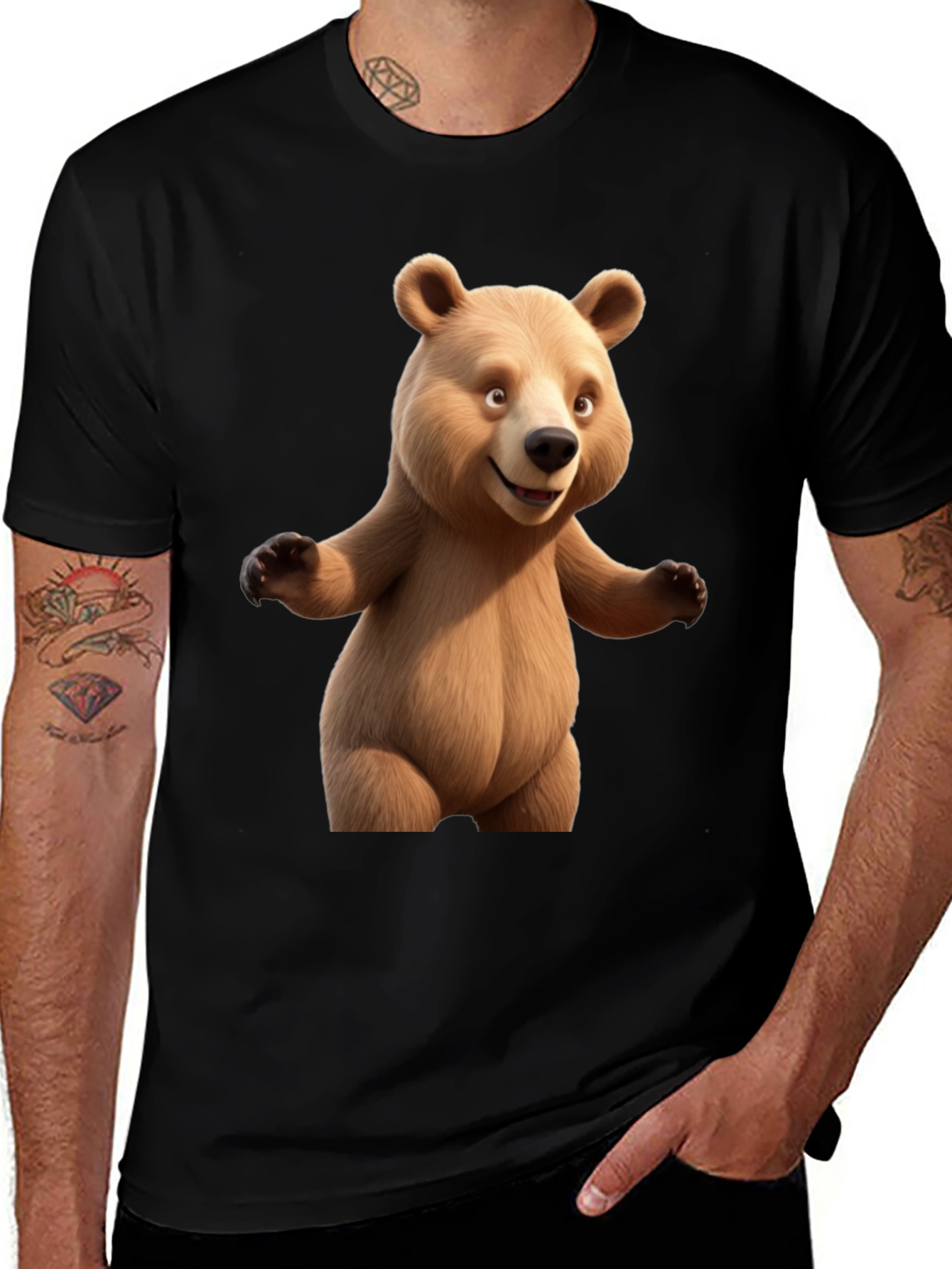 Cartoon Bear Graphic Tee - Black