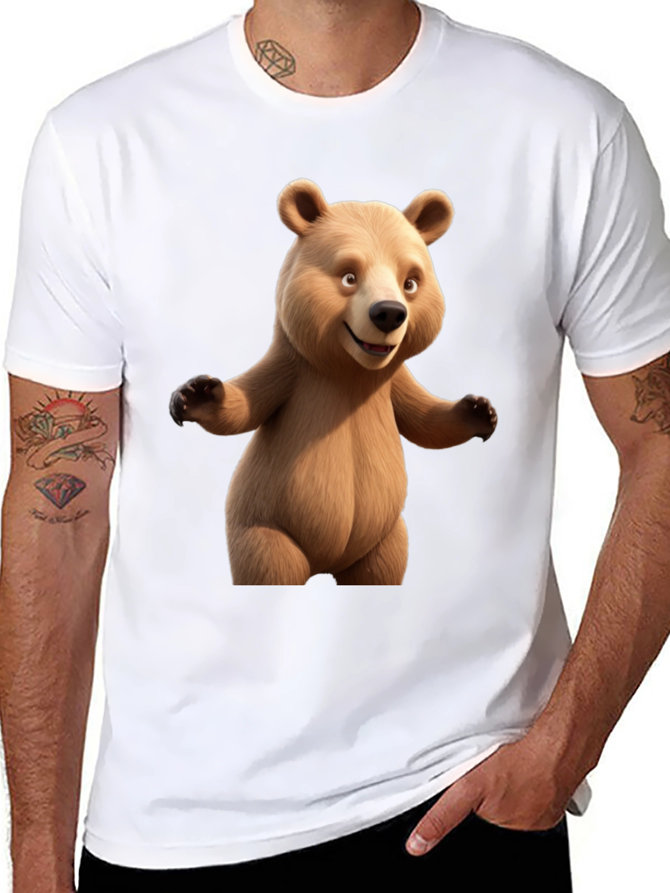 Cartoon Bear Graphic Tee - Black