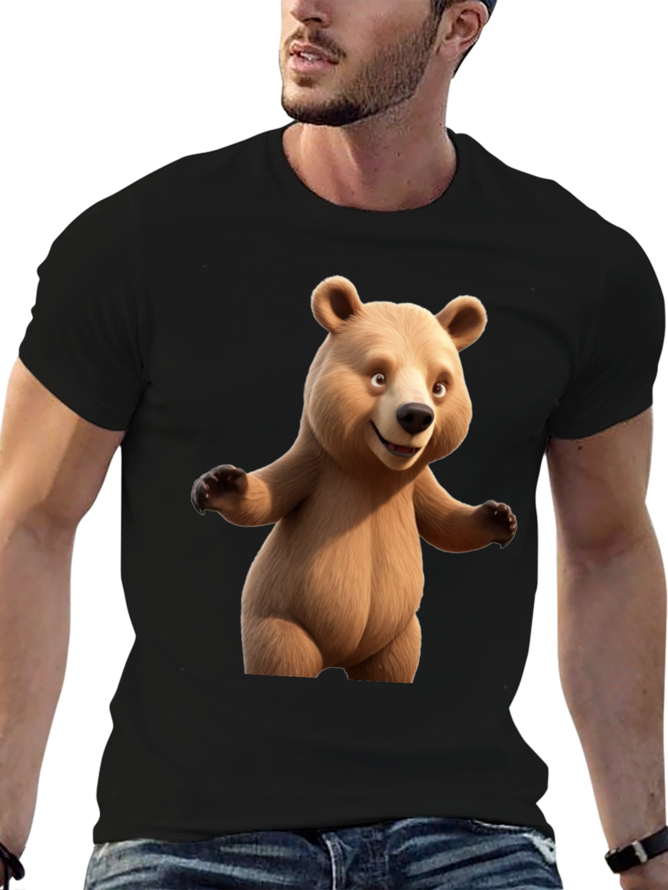 Cartoon Bear Graphic Tee - Black