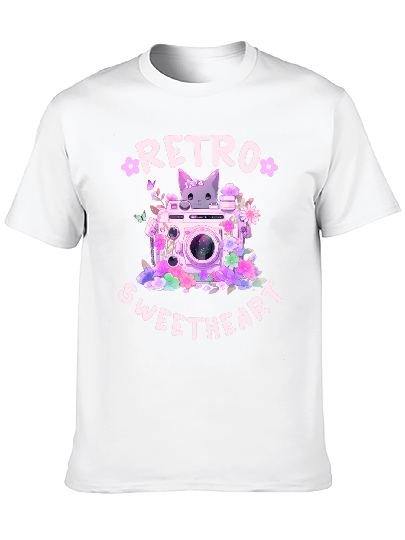 Retro Sweetheart Graphic Tee - Camera & Cat Design