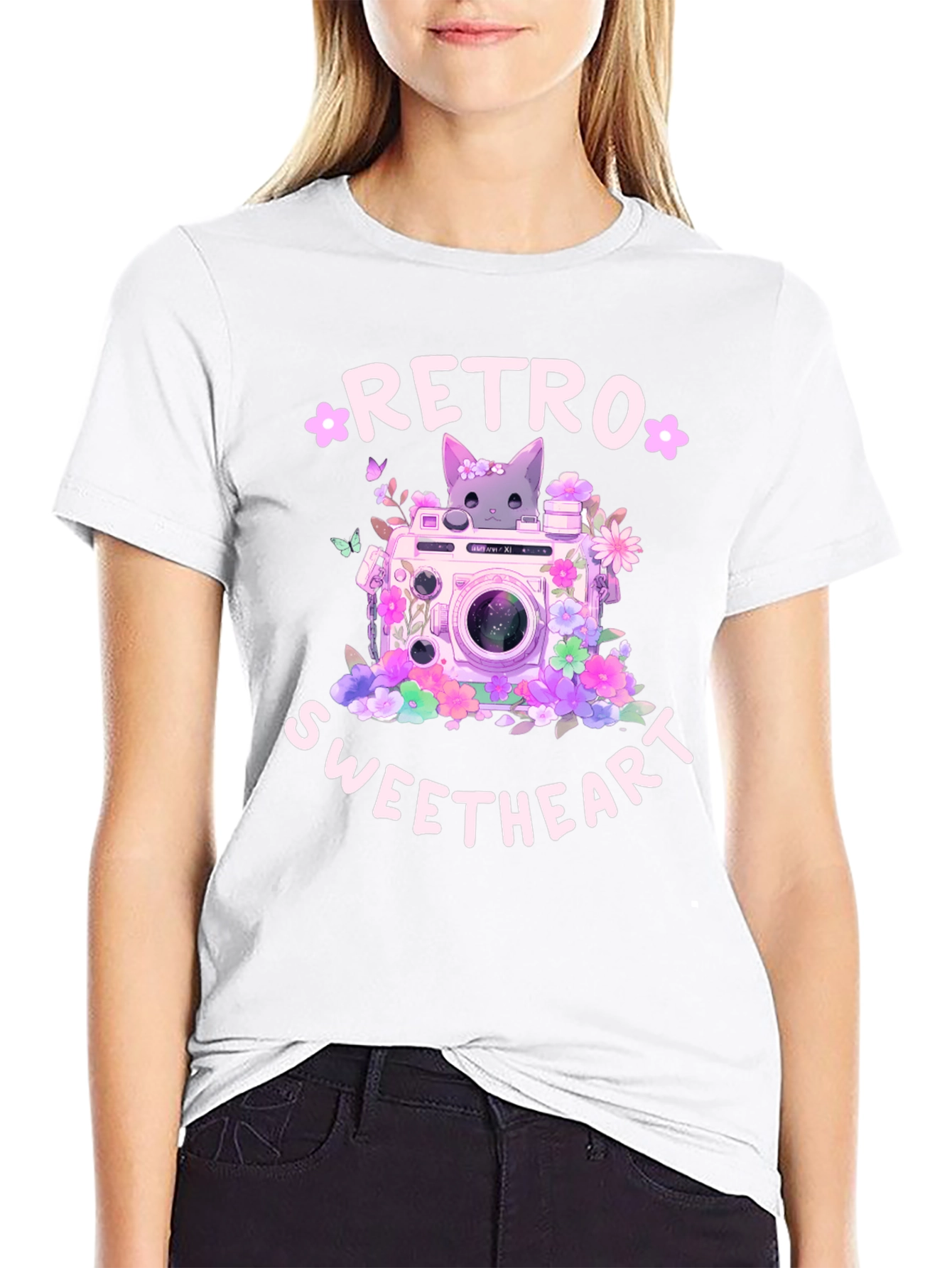 Retro Sweetheart Graphic Tee - Camera & Cat Design