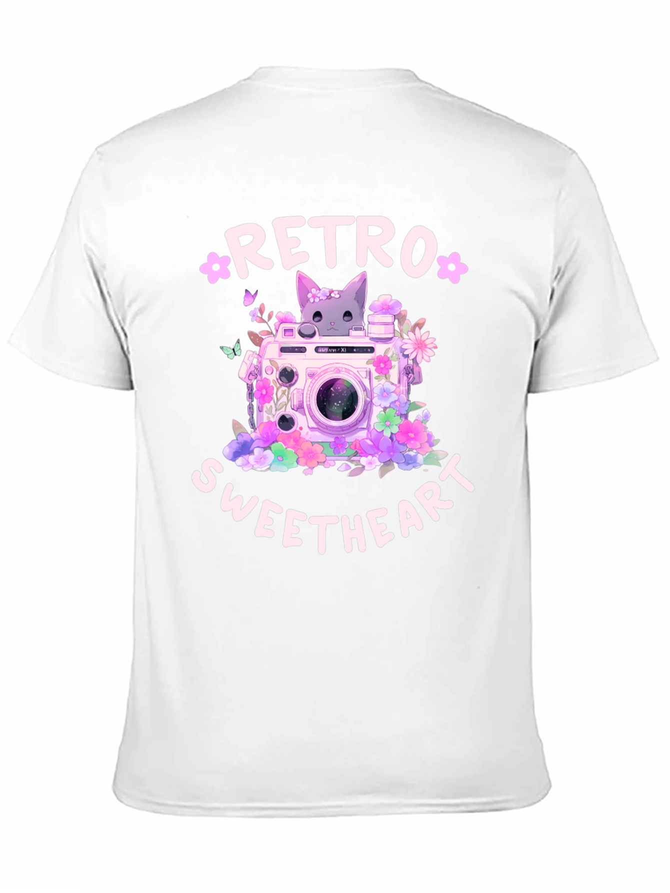 Retro Sweetheart Graphic Tee - Camera & Cat Design