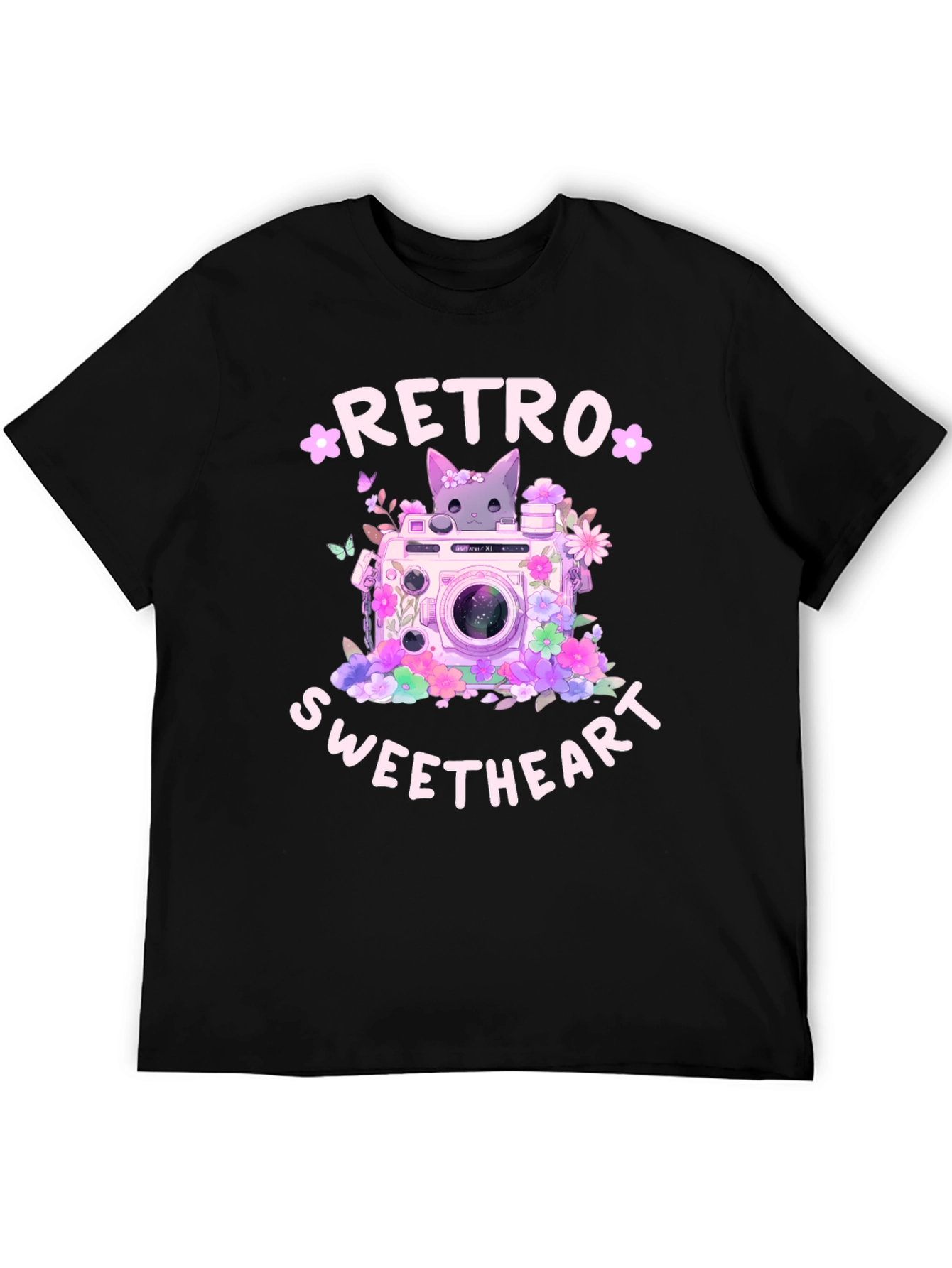 Retro Sweetheart Graphic Tee - Camera & Cat Design
