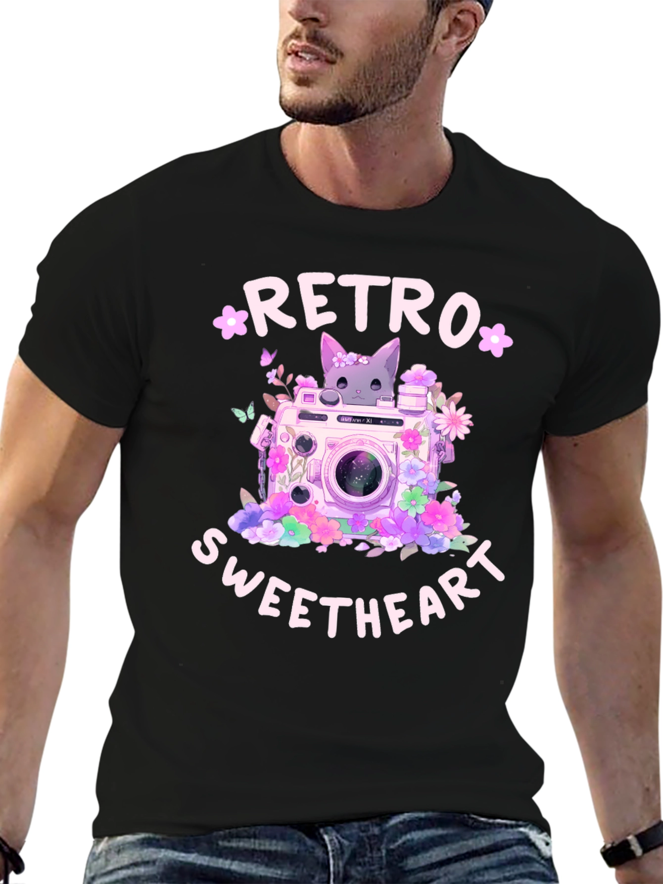 Retro Sweetheart Graphic Tee - Camera & Cat Design