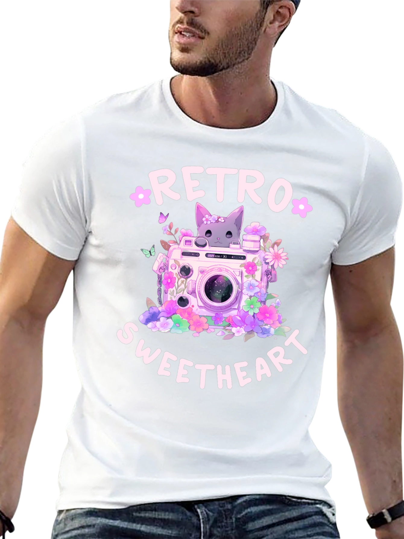 Retro Sweetheart Graphic Tee - Camera & Cat Design