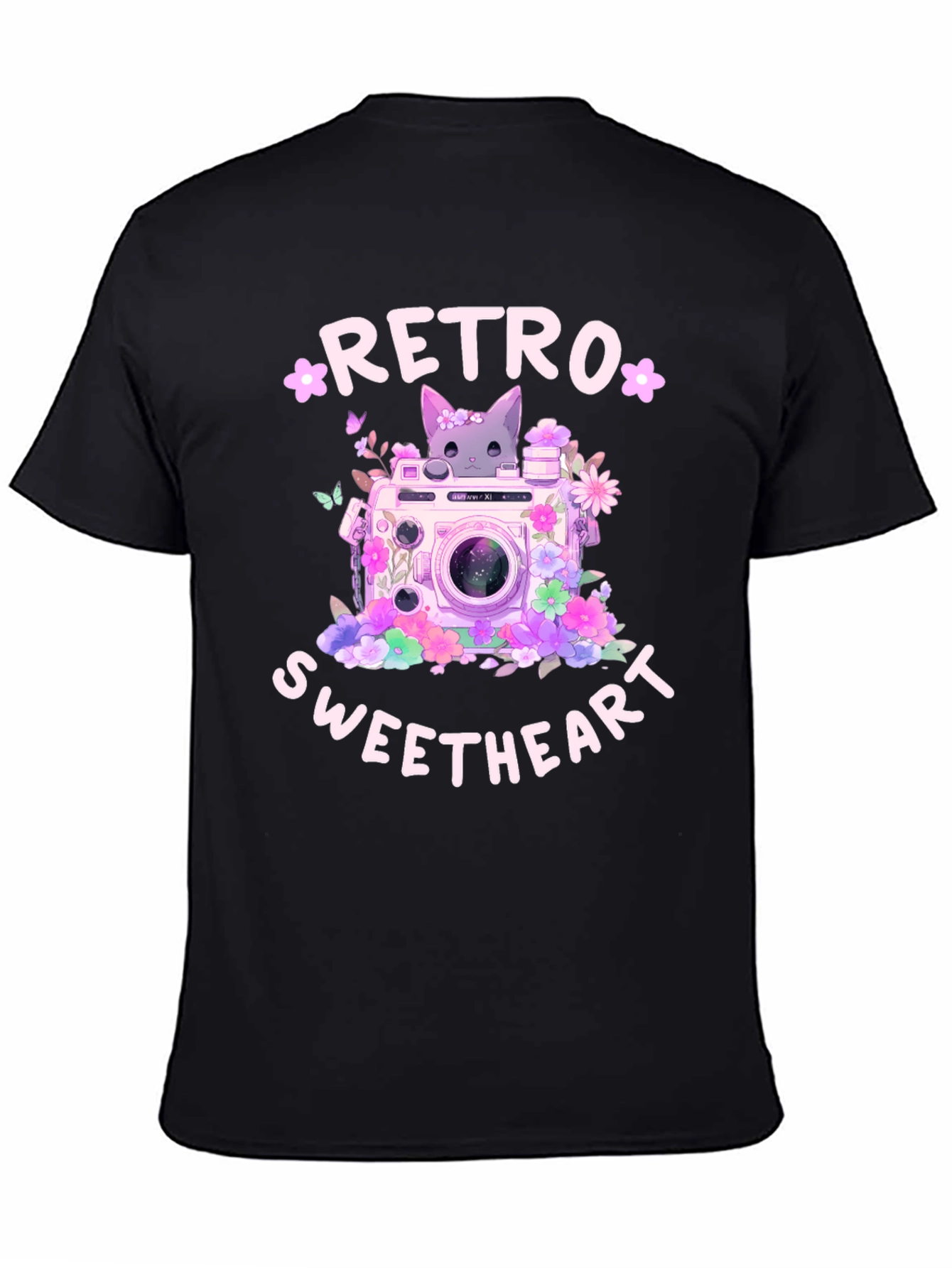 Retro Sweetheart Graphic Tee - Camera & Cat Design