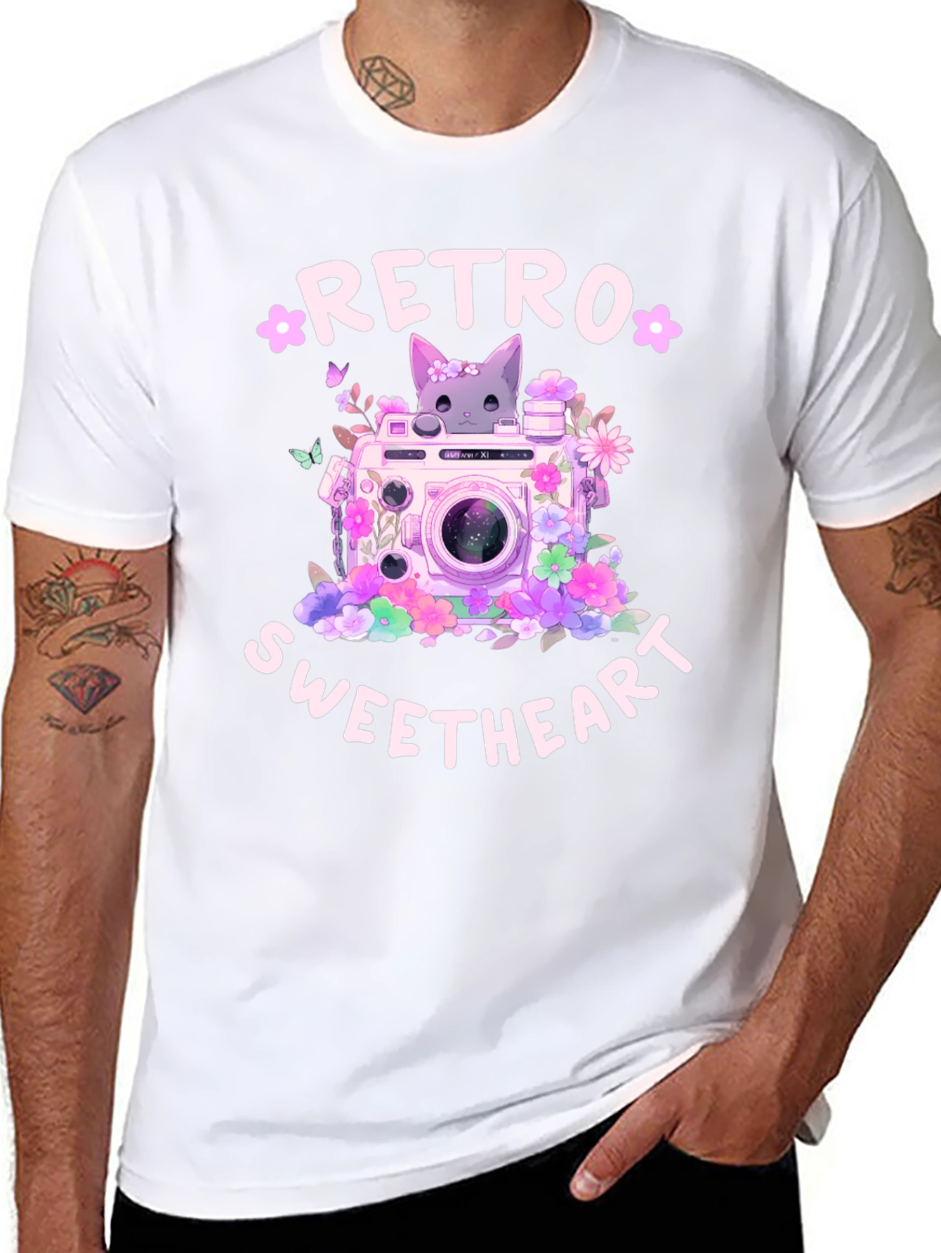 Retro Sweetheart Graphic Tee - Camera & Cat Design