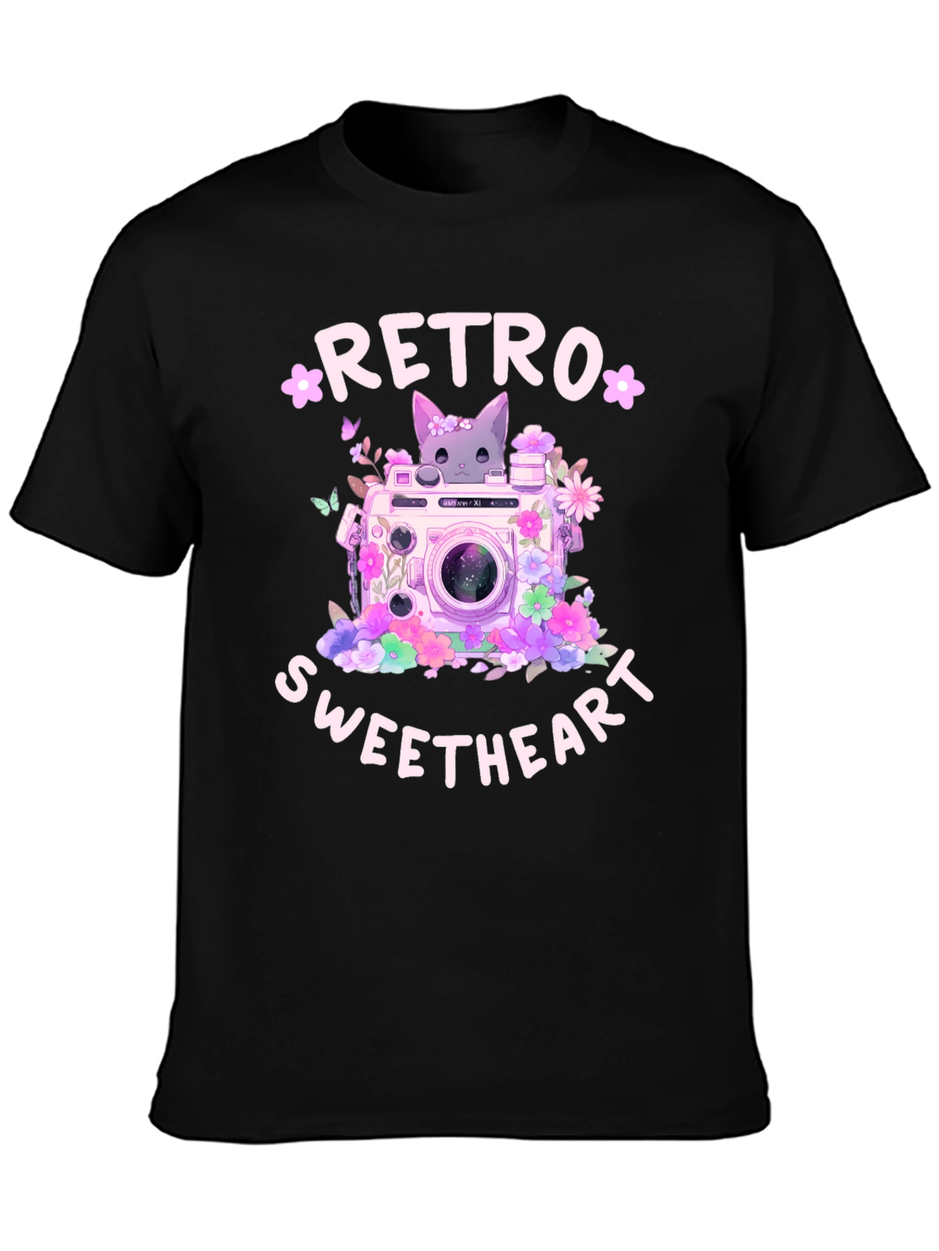 Retro Sweetheart Graphic Tee - Camera & Cat Design