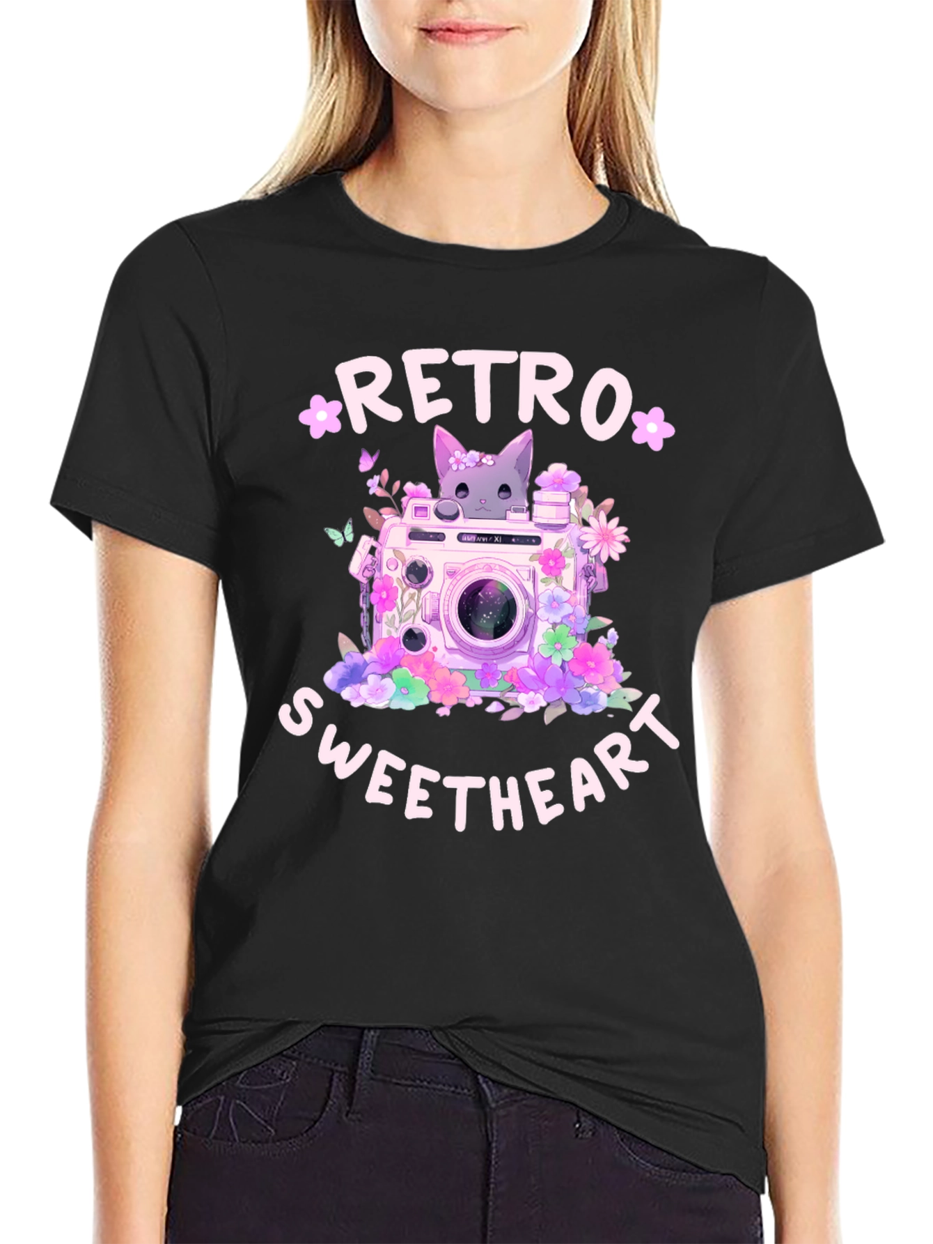 Retro Sweetheart Graphic Tee - Camera & Cat Design