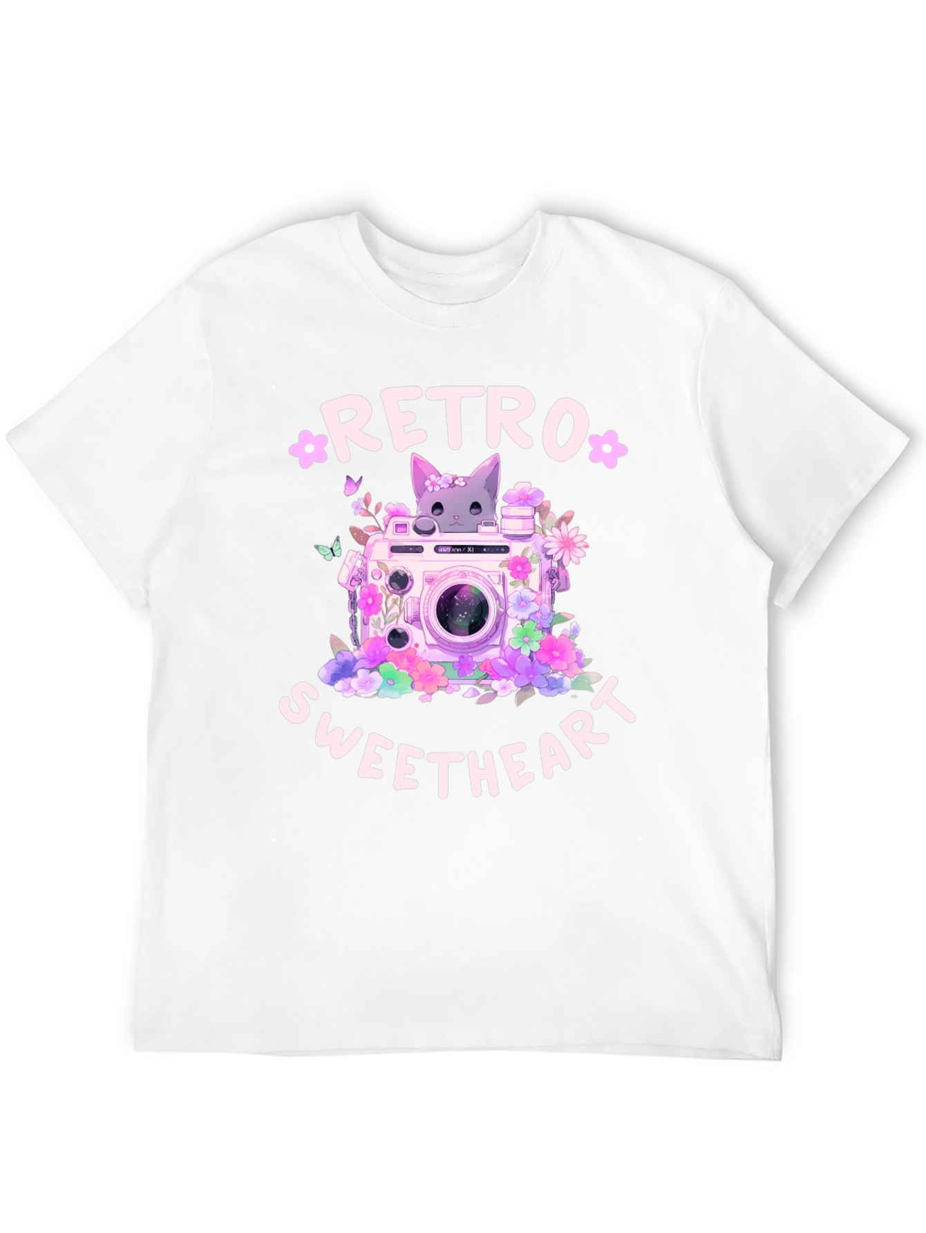 Retro Sweetheart Graphic Tee - Camera & Cat Design