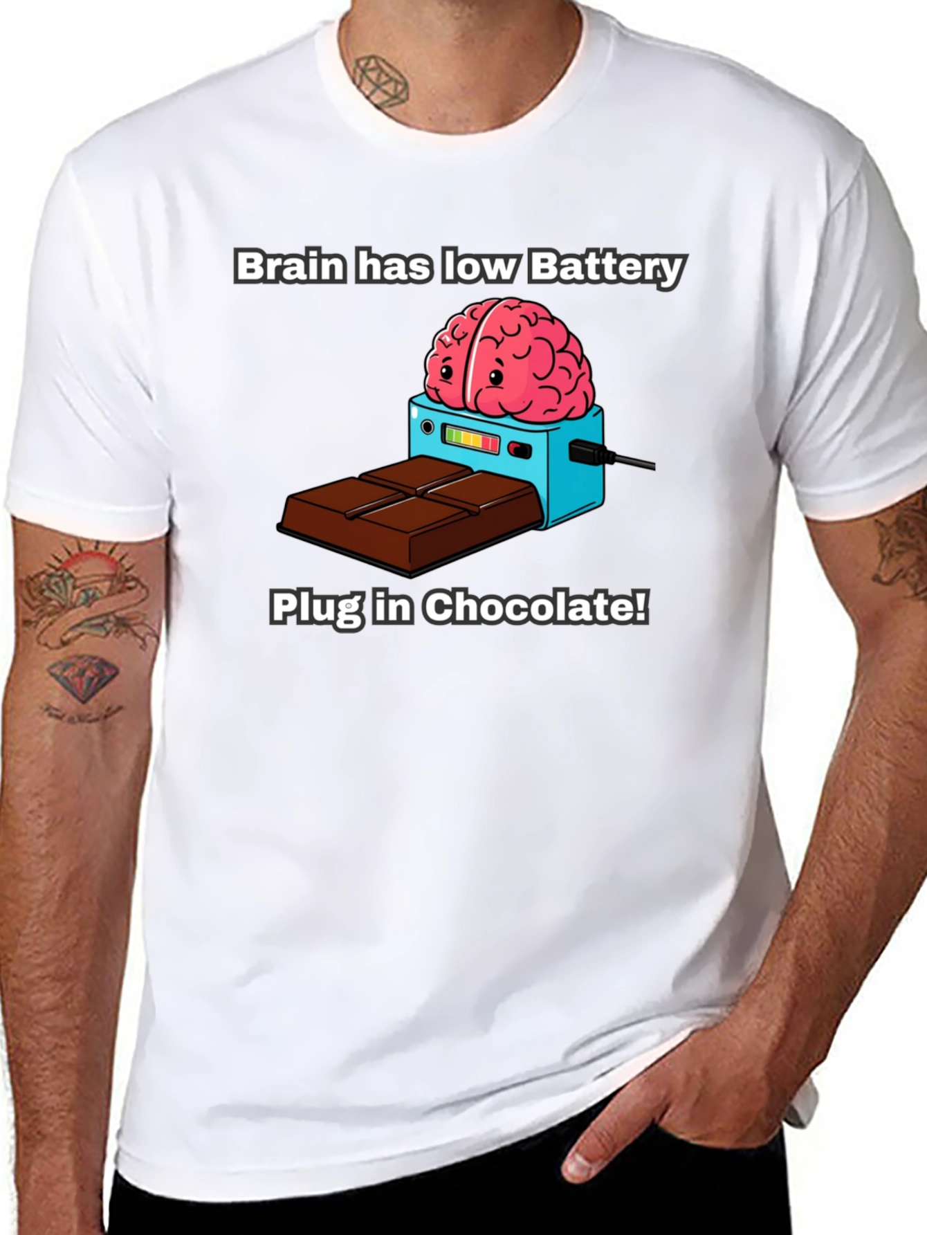 Brain Low Battery T-Shirt - Plug in Chocolate!