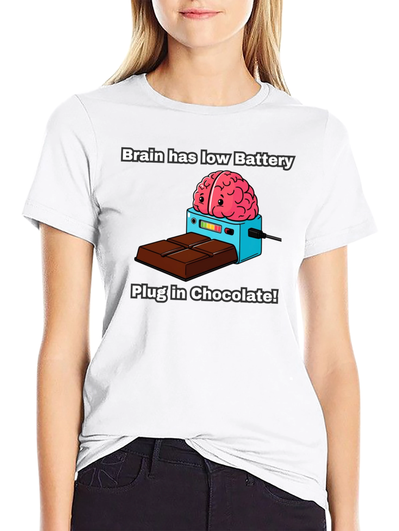 Brain Low Battery T-Shirt - Plug in Chocolate!
