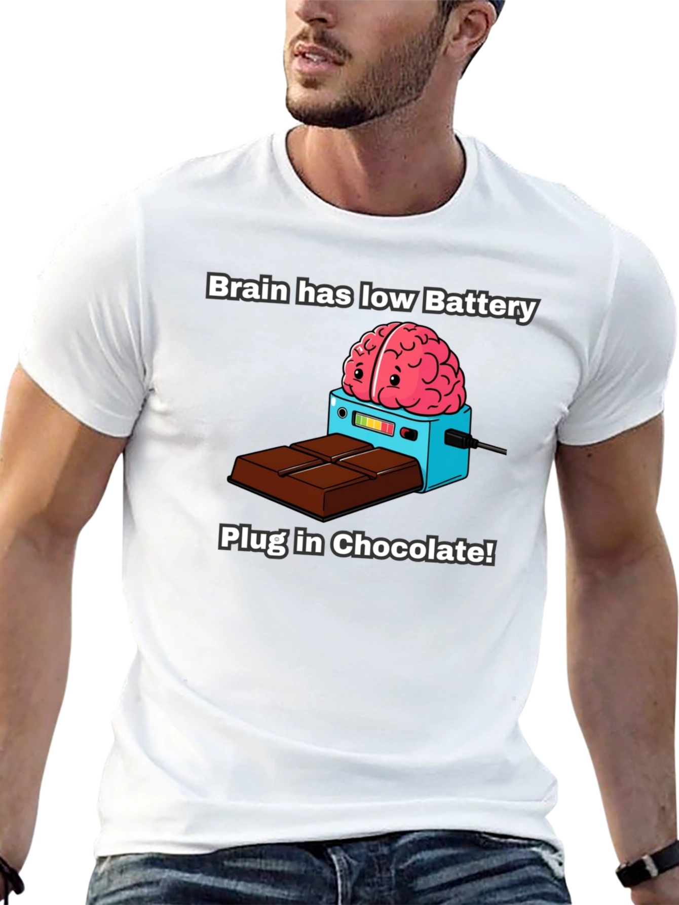Brain Low Battery T-Shirt - Plug in Chocolate!