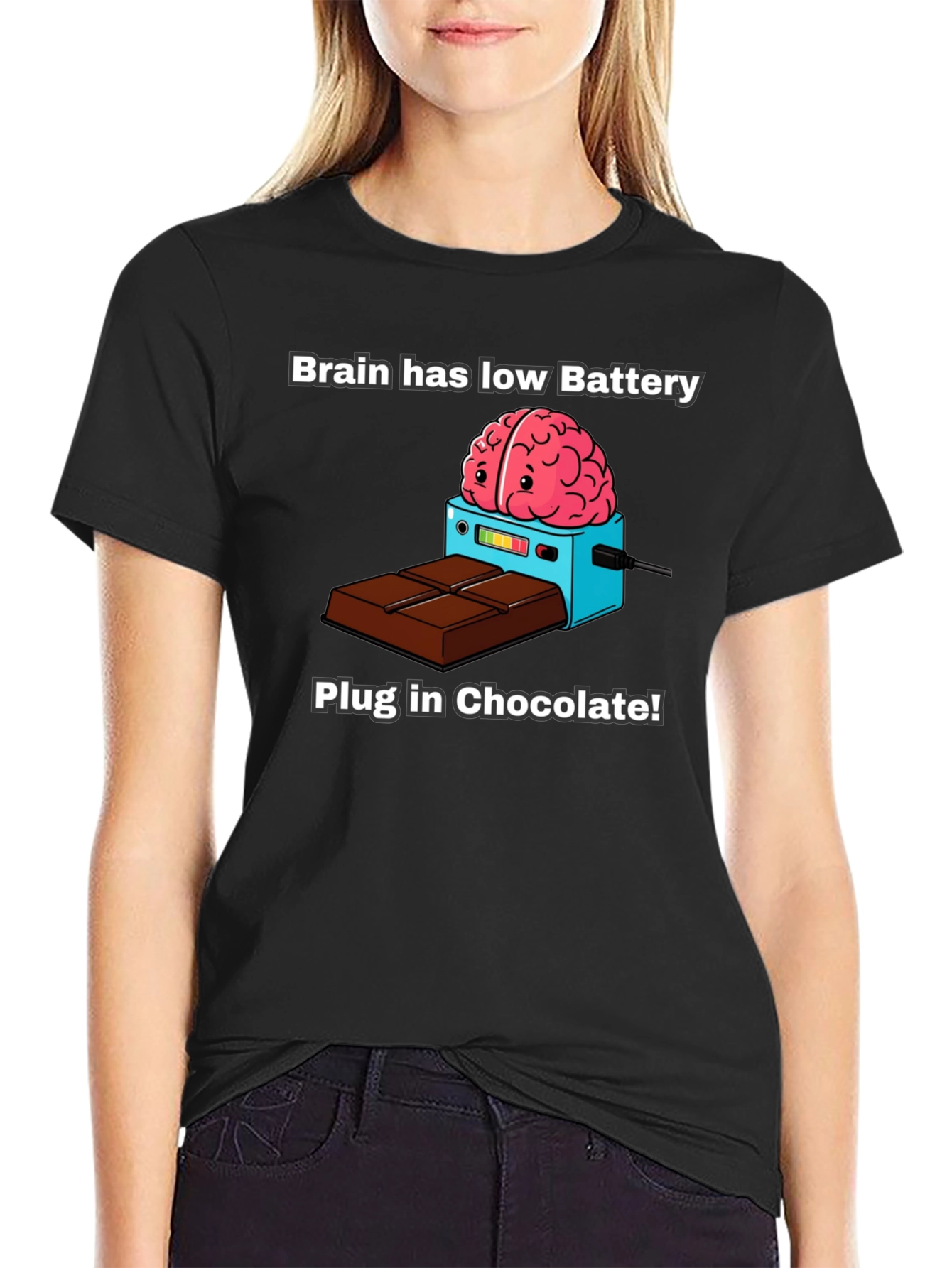 Brain Low Battery T-Shirt - Plug in Chocolate!
