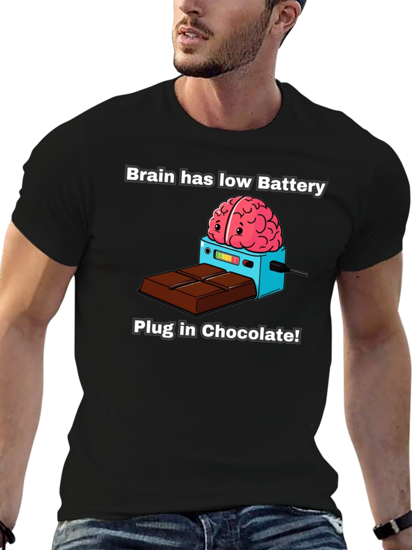 Brain Low Battery T-Shirt - Plug in Chocolate!