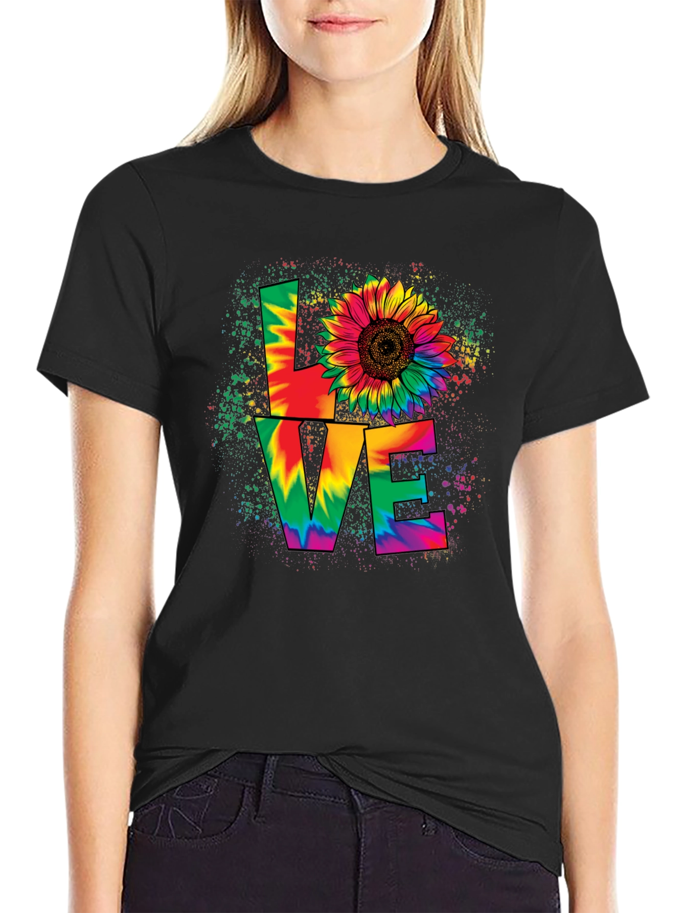 Tie-Dye Love Sunflower Graphic T-Shirt