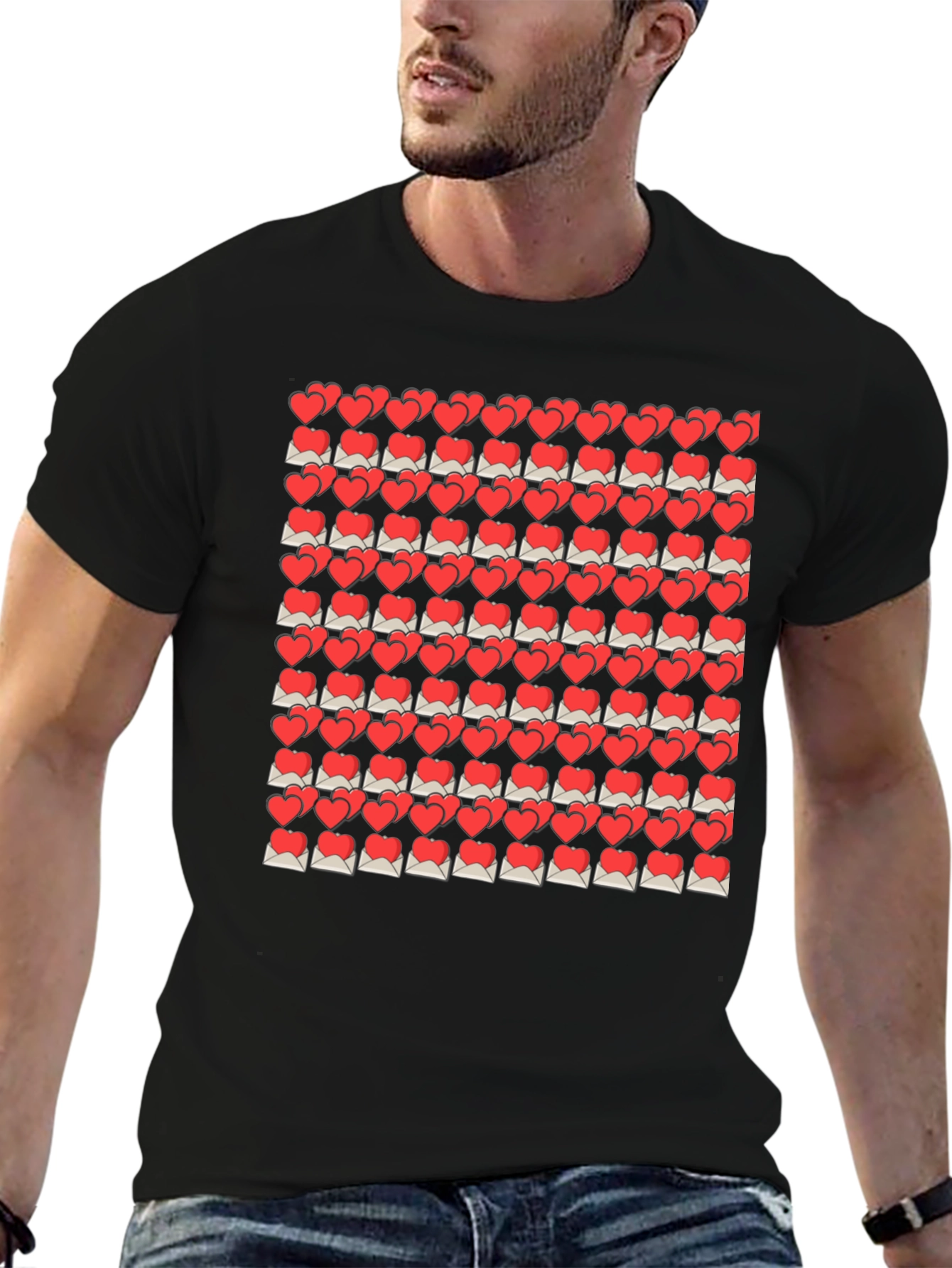 Heart Envelope Pattern Black T-Shirt