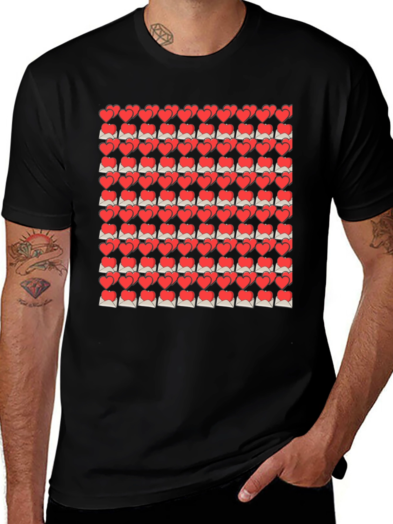 Heart Envelope Pattern Black T-Shirt