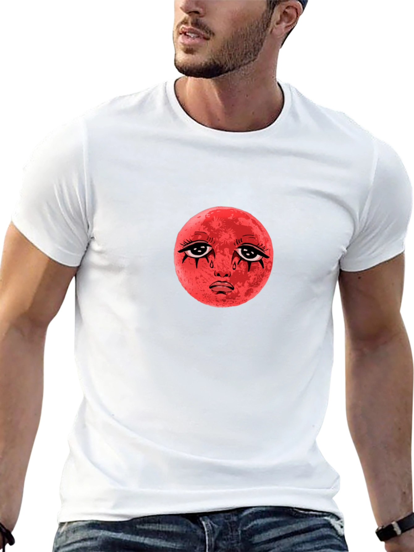 Red Moon Face Black T-Shirt
