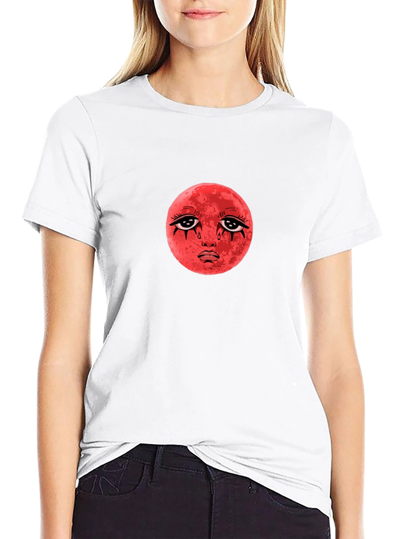 Red Moon Face Black T-Shirt