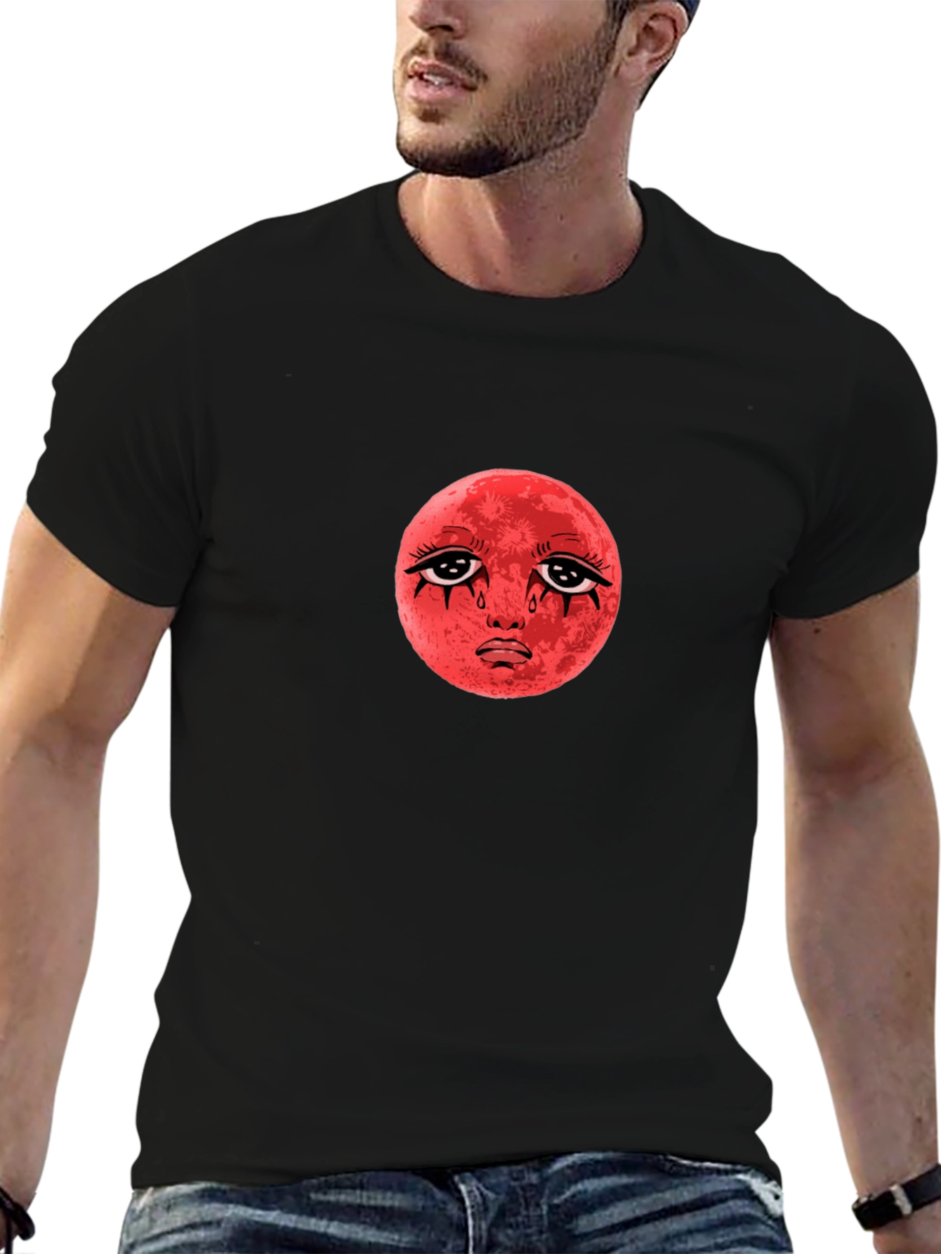 Red Moon Face Black T-Shirt