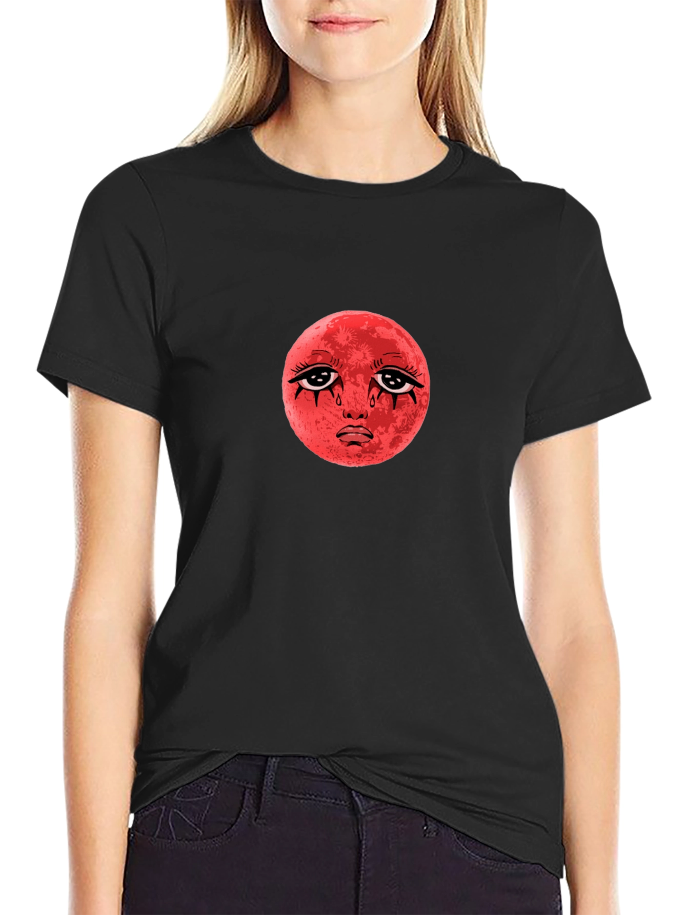 Red Moon Face Black T-Shirt
