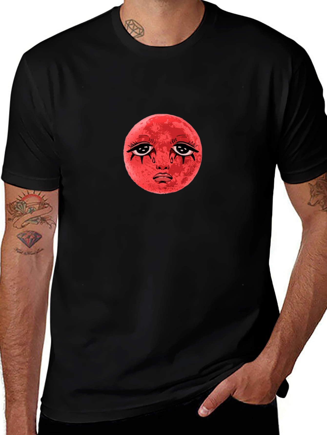 Red Moon Face Black T-Shirt