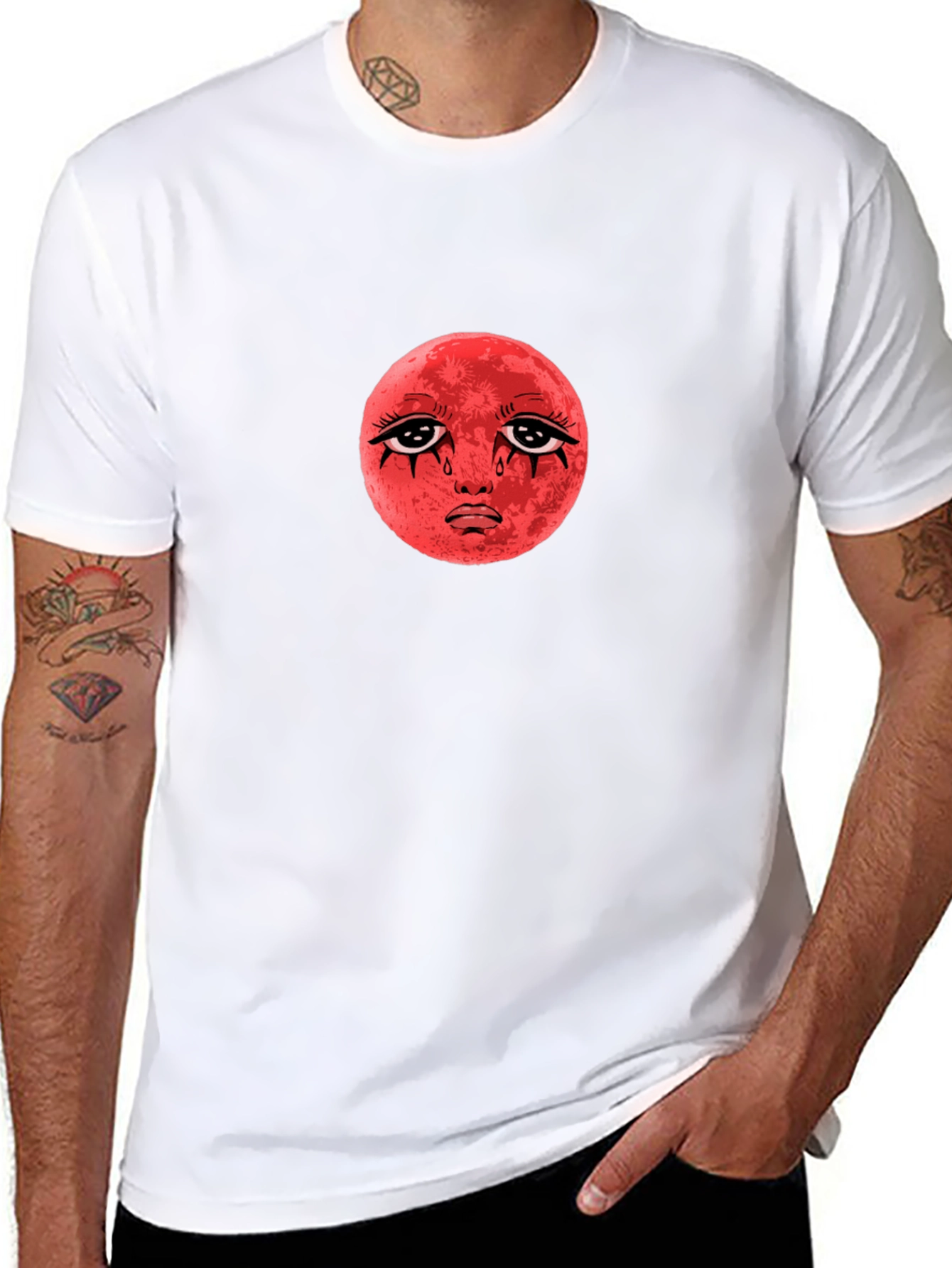 Red Moon Face Black T-Shirt