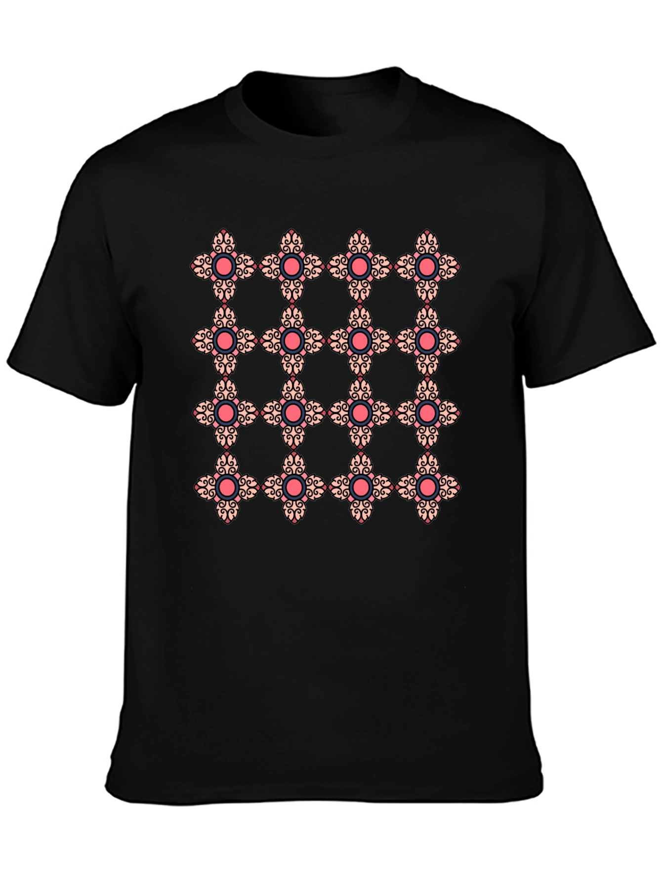 Ornate Floral Pattern Black T-Shirt