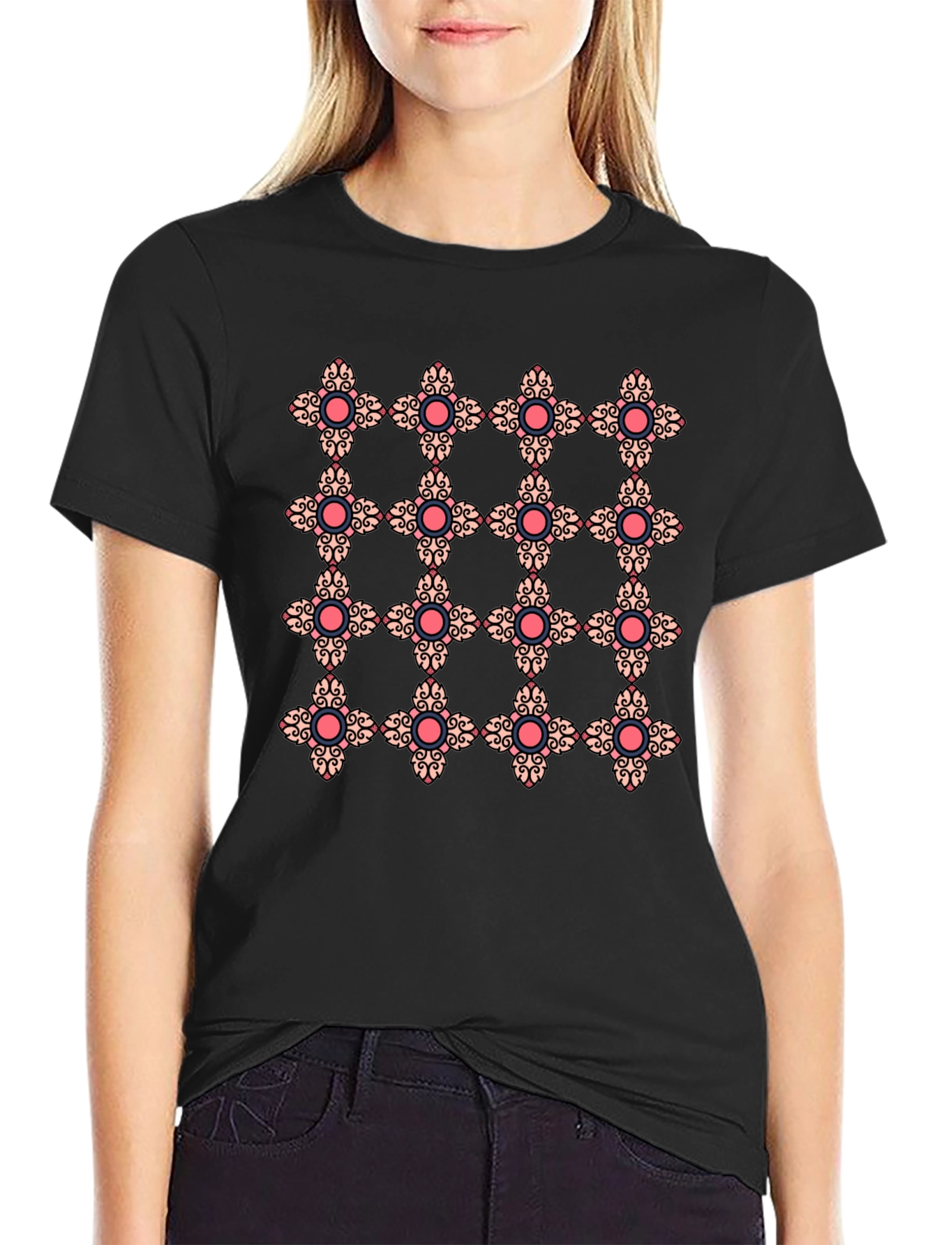 Ornate Floral Pattern Black T-Shirt