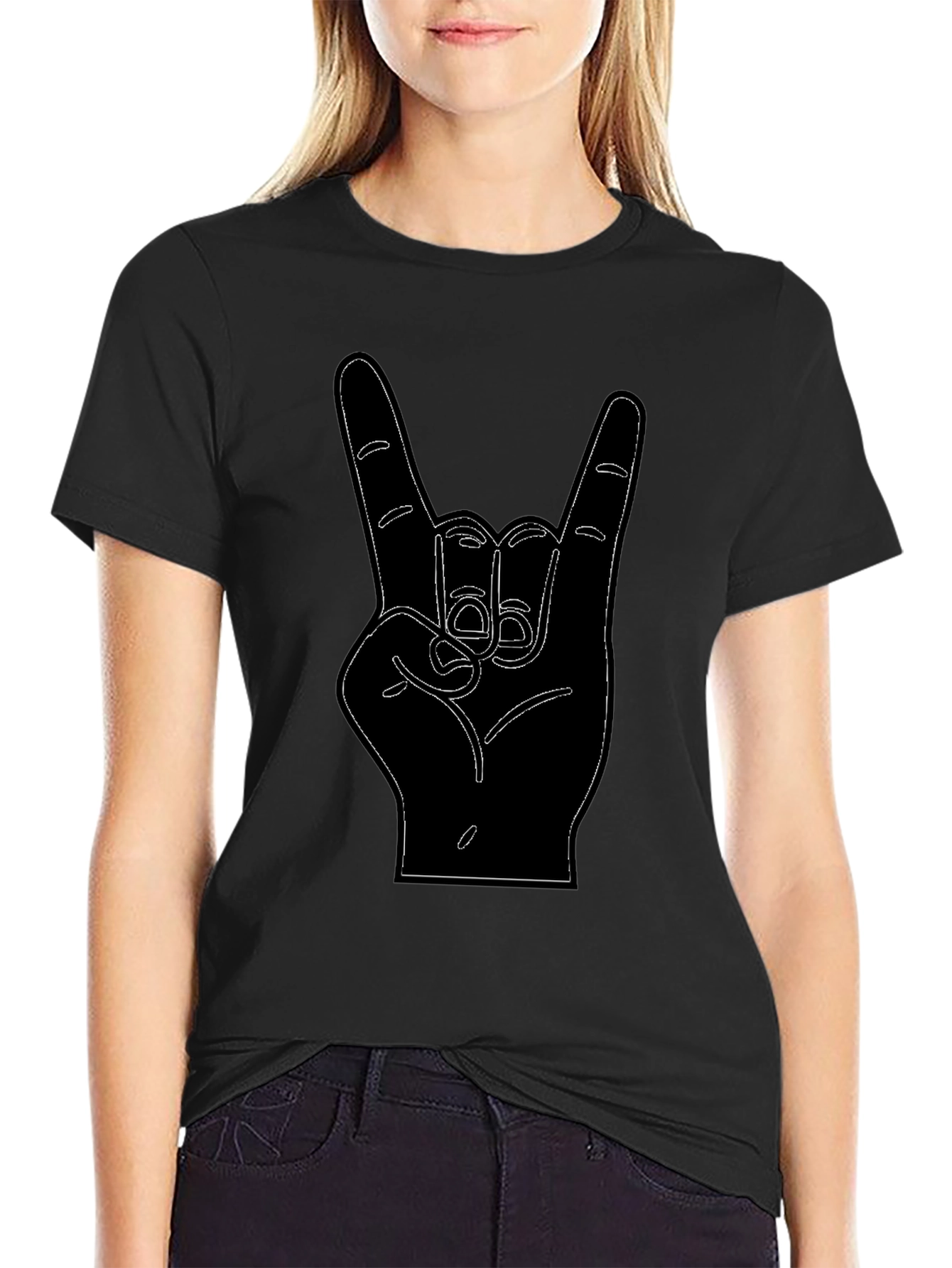 Rock On Hand Sign Black Graphic Tee