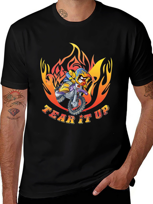 Tear It Up! Motocross T-Shirt - Cartoon Rider on Fire!