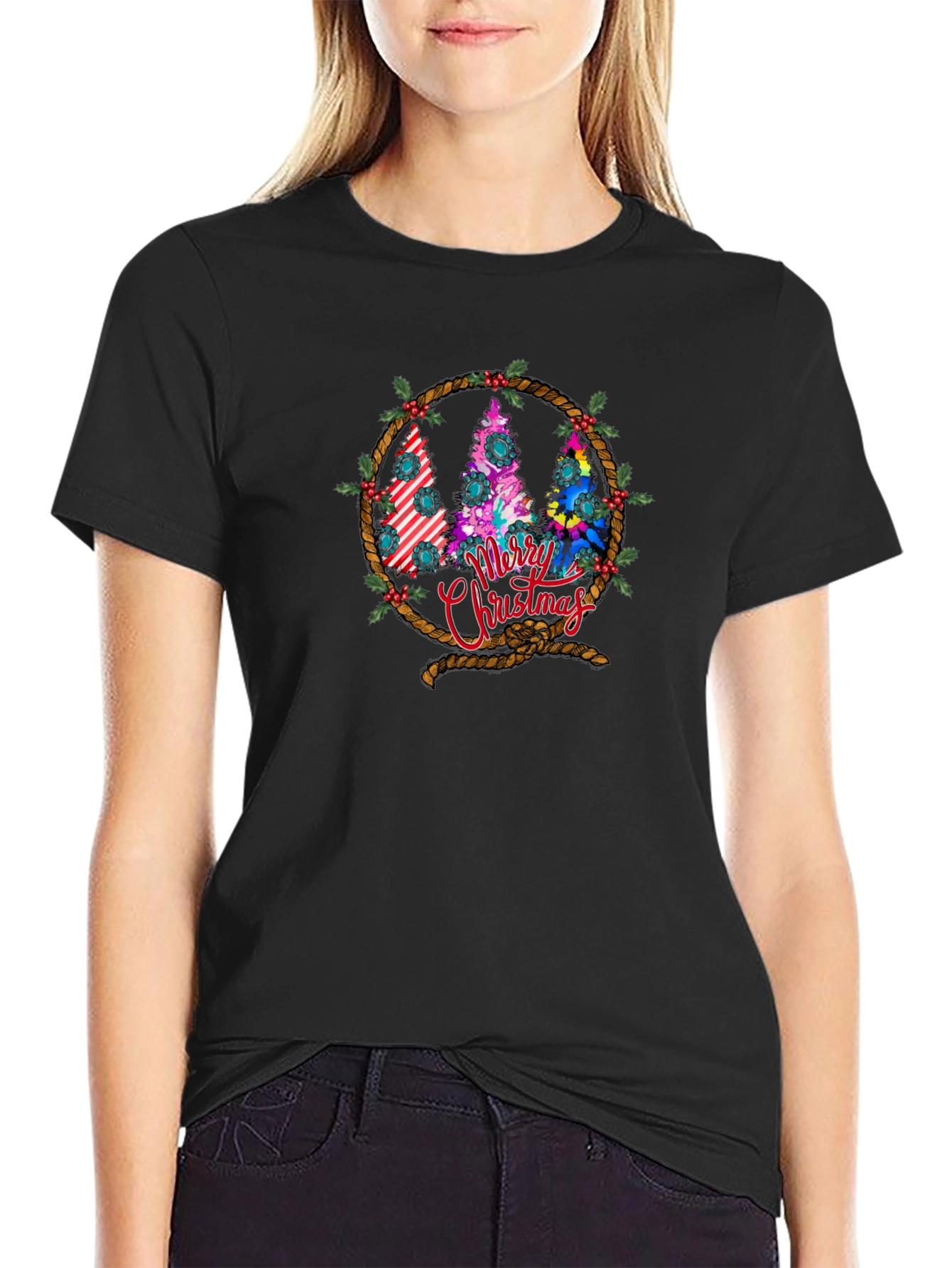 Merry Christmas Tree Wreath Graphic T-Shirt