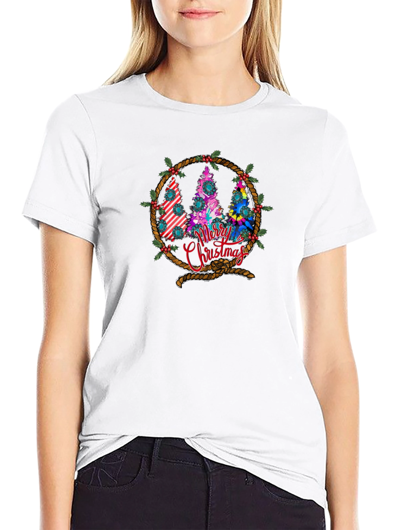 Merry Christmas Tree Wreath Graphic T-Shirt