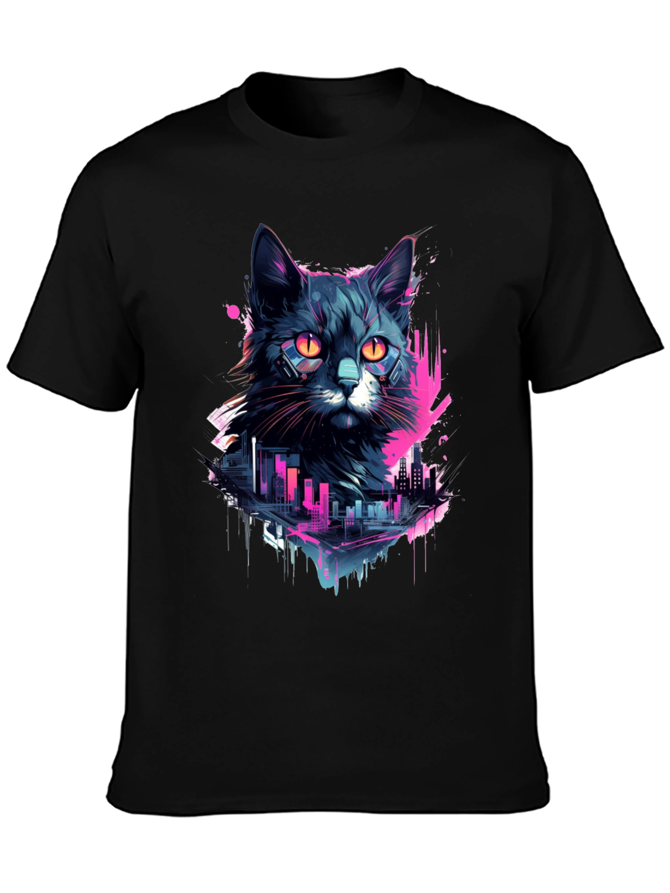Cyberpunk Cat T-Shirt - Neon Cityscape Design