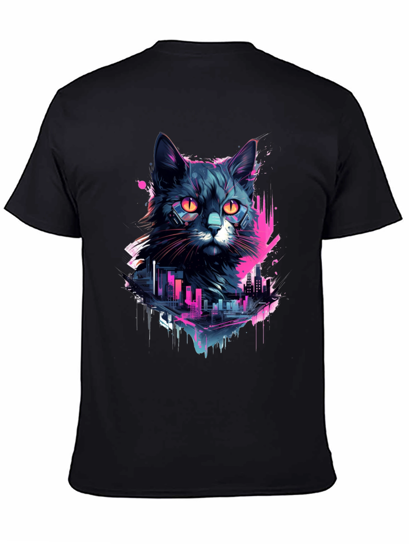 Cyberpunk Cat T-Shirt - Neon Cityscape Design