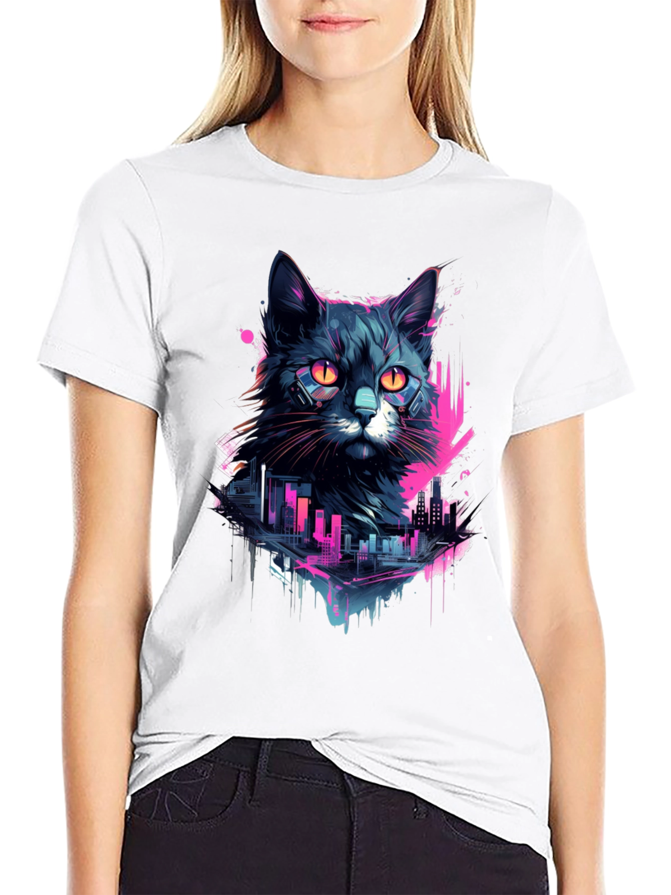 Cyberpunk Cat T-Shirt - Neon Cityscape Design
