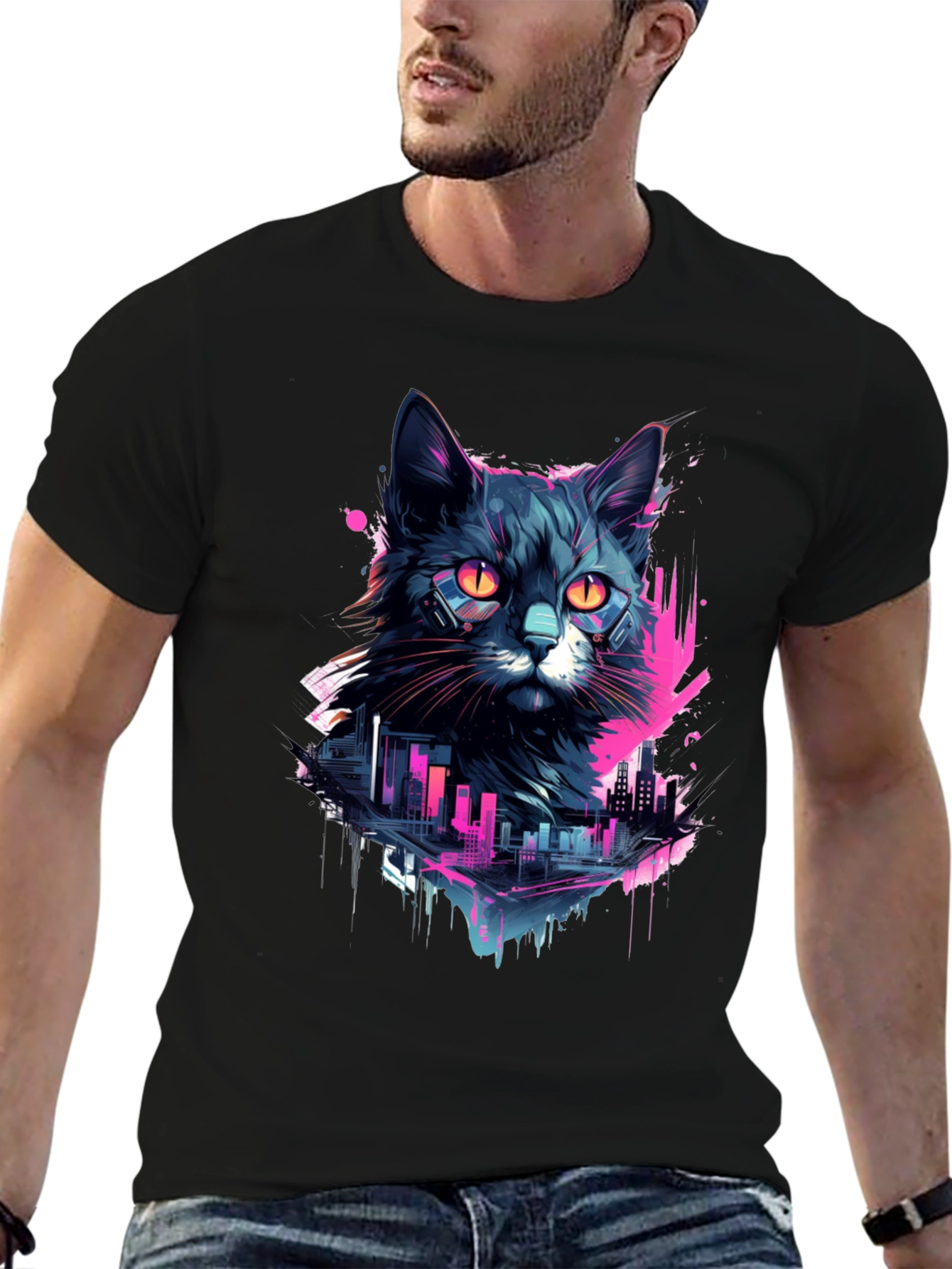 Cyberpunk Cat T-Shirt - Neon Cityscape Design