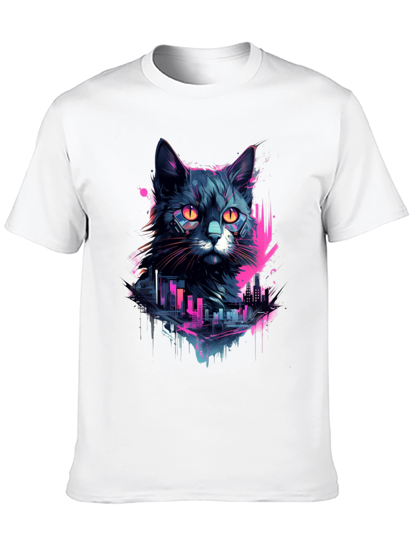 Cyberpunk Cat T-Shirt - Neon Cityscape Design