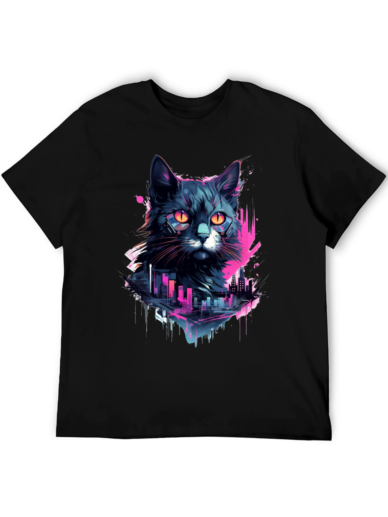 Cyberpunk Cat T-Shirt - Neon Cityscape Design