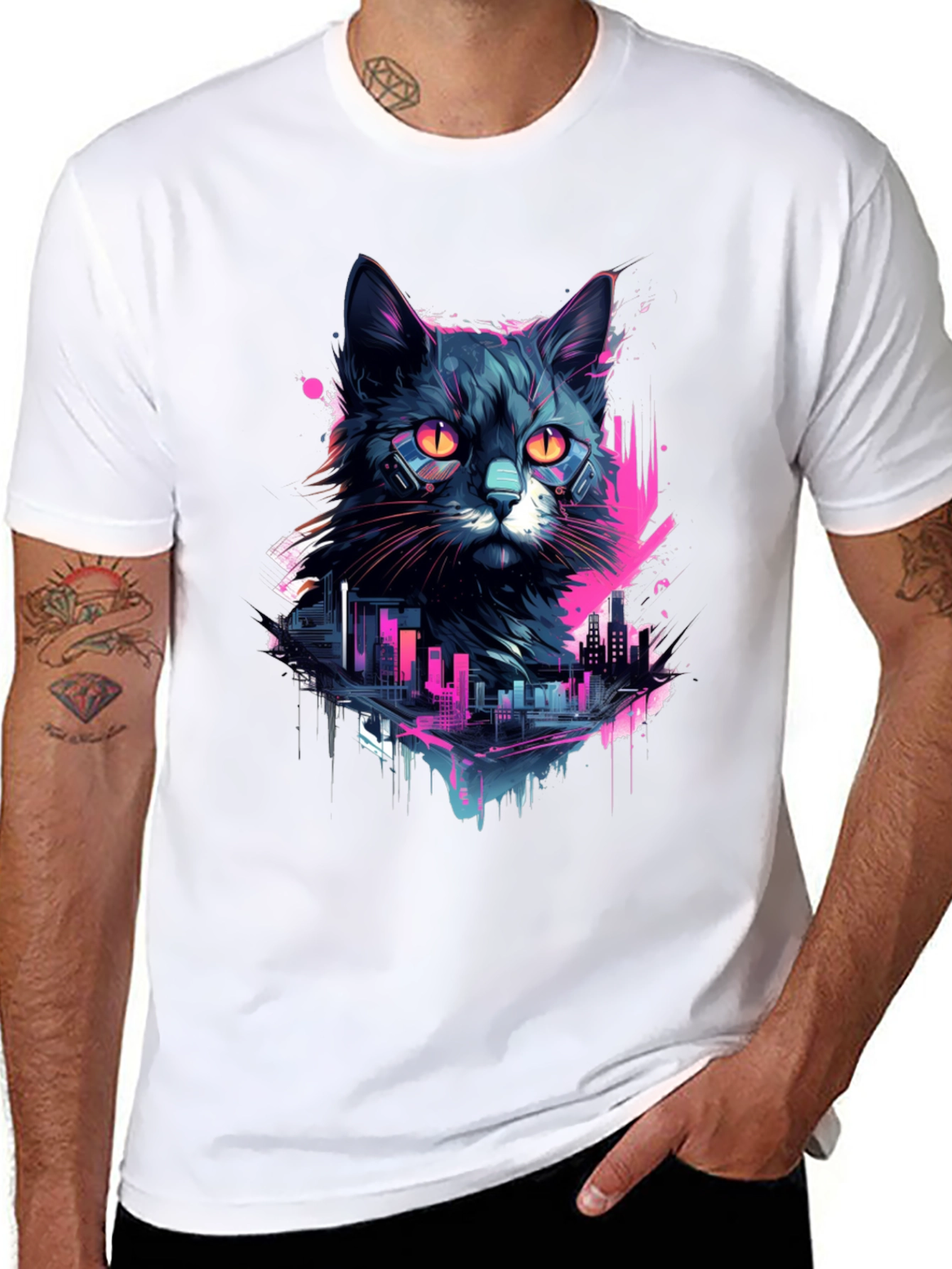Cyberpunk Cat T-Shirt - Neon Cityscape Design