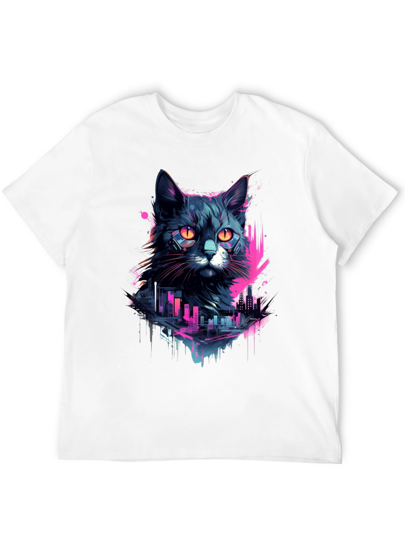Cyberpunk Cat T-Shirt - Neon Cityscape Design