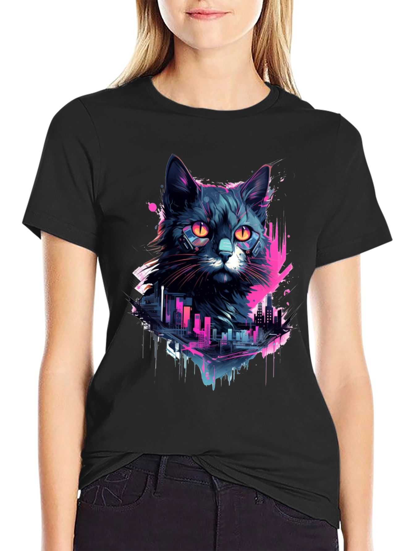 Cyberpunk Cat T-Shirt - Neon Cityscape Design