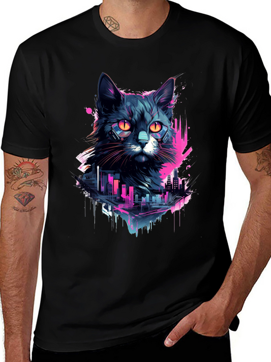 Cyberpunk Cat T-Shirt - Neon Cityscape Design