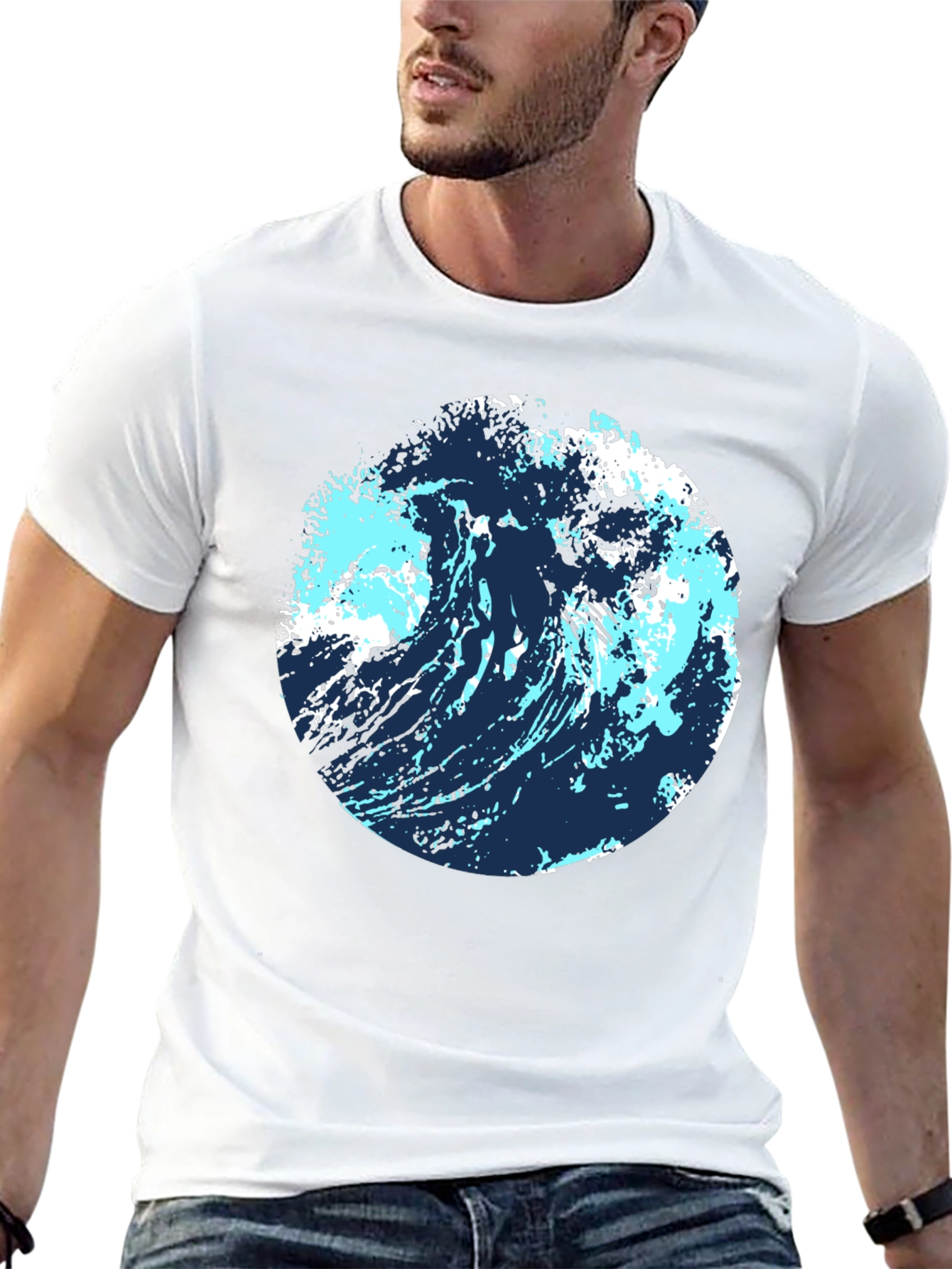 Abstract Wave Graphic Tee - Black Cotton Blend