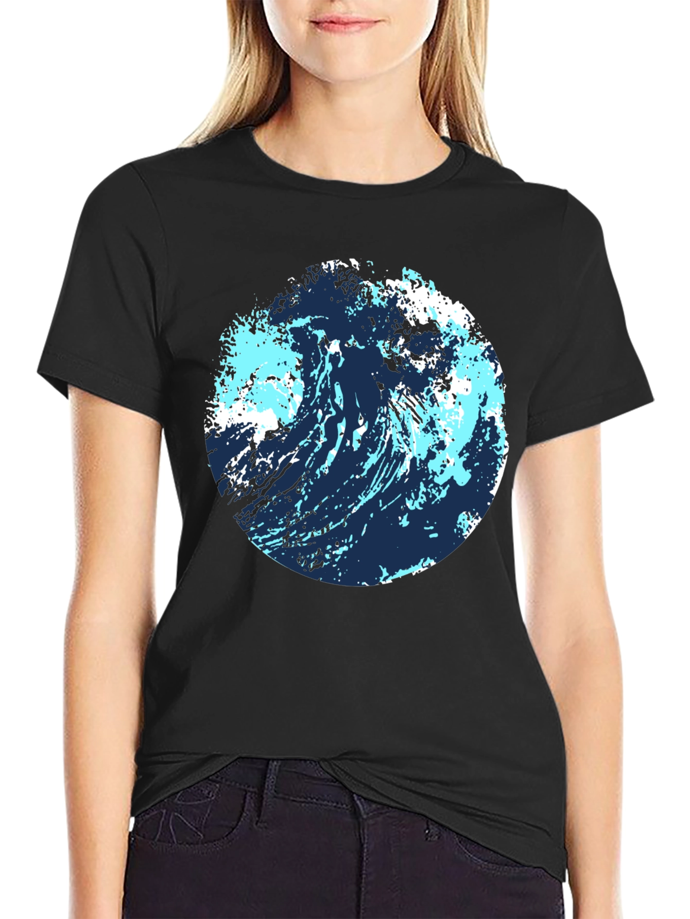 Abstract Wave Graphic Tee - Black Cotton Blend