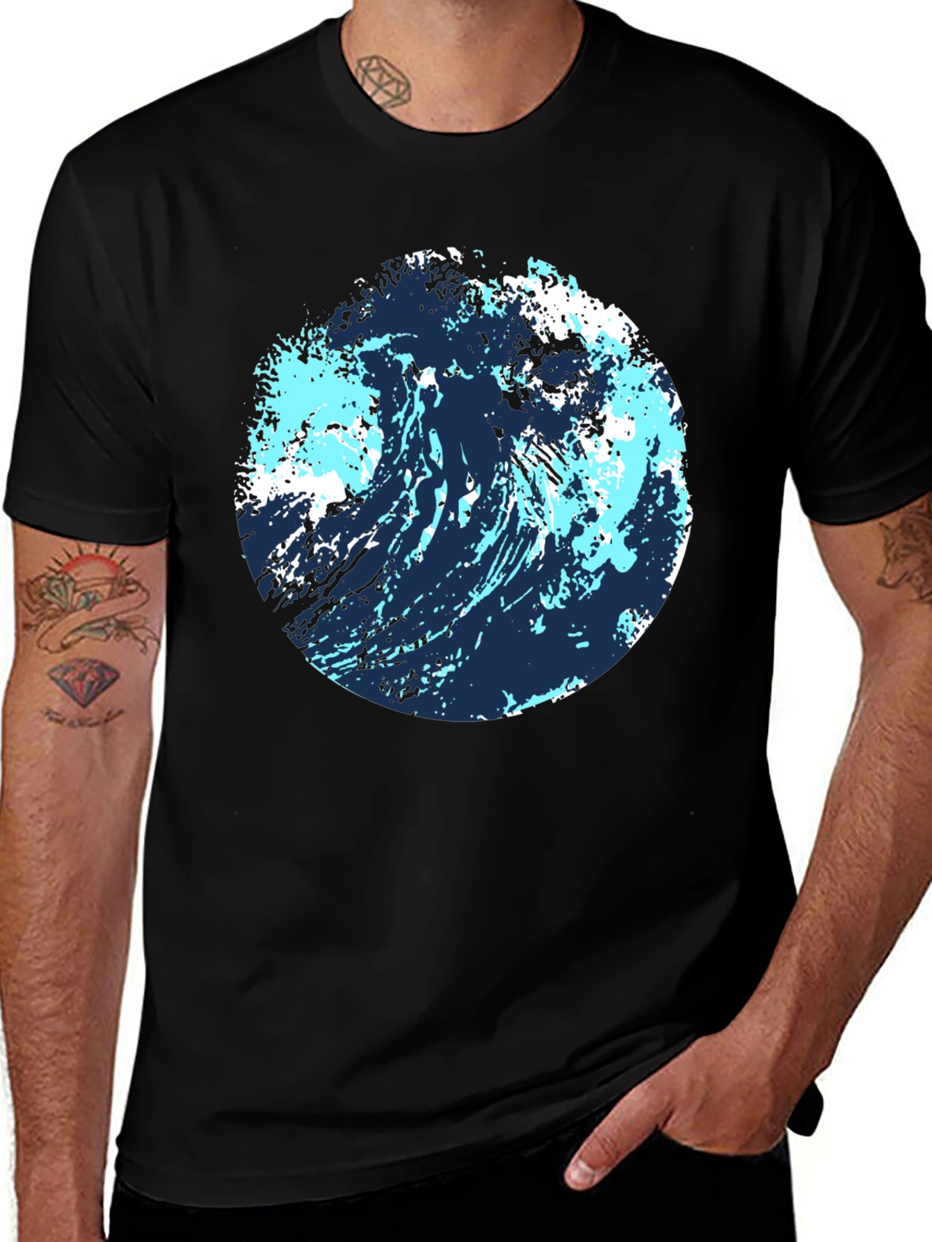 Abstract Wave Graphic Tee - Black Cotton Blend