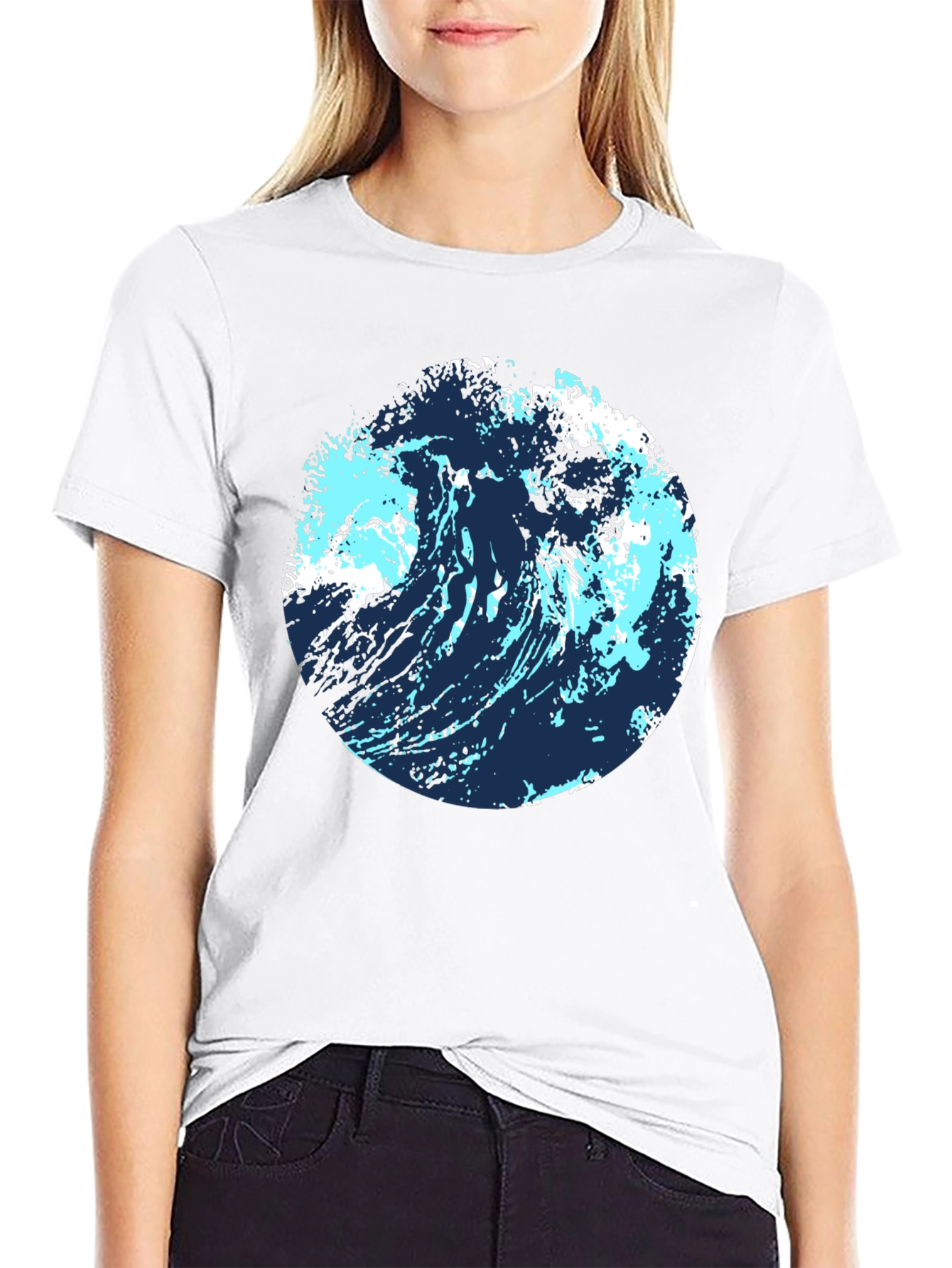 Abstract Wave Graphic Tee - Black Cotton Blend