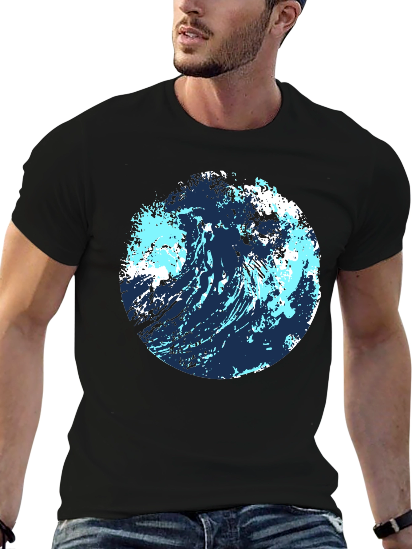 Abstract Wave Graphic Tee - Black Cotton Blend