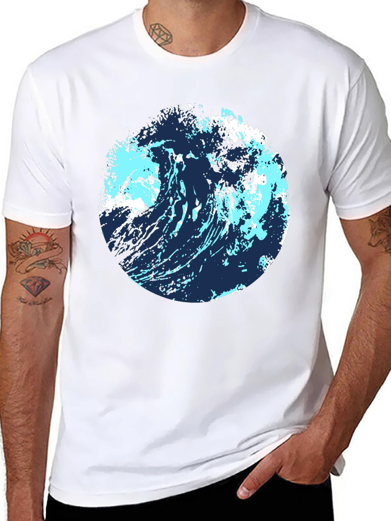 Abstract Wave Graphic Tee - Black Cotton Blend